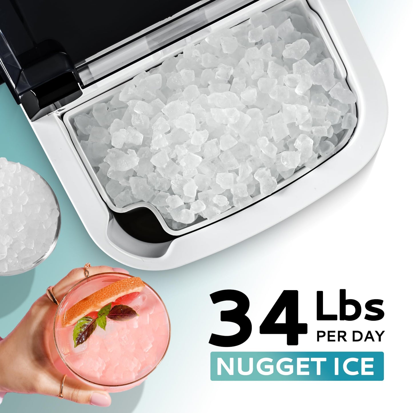 EUHOMY Nugget Ice Maker Countertop with Handle, Ready in 6 Mins, 34lbs Per Day, Removable Top Cover, Auto-Cleaning, Portable Sonic Ice Maker with Basket and Scoop, for Home/Party/RV/Camping (Black)