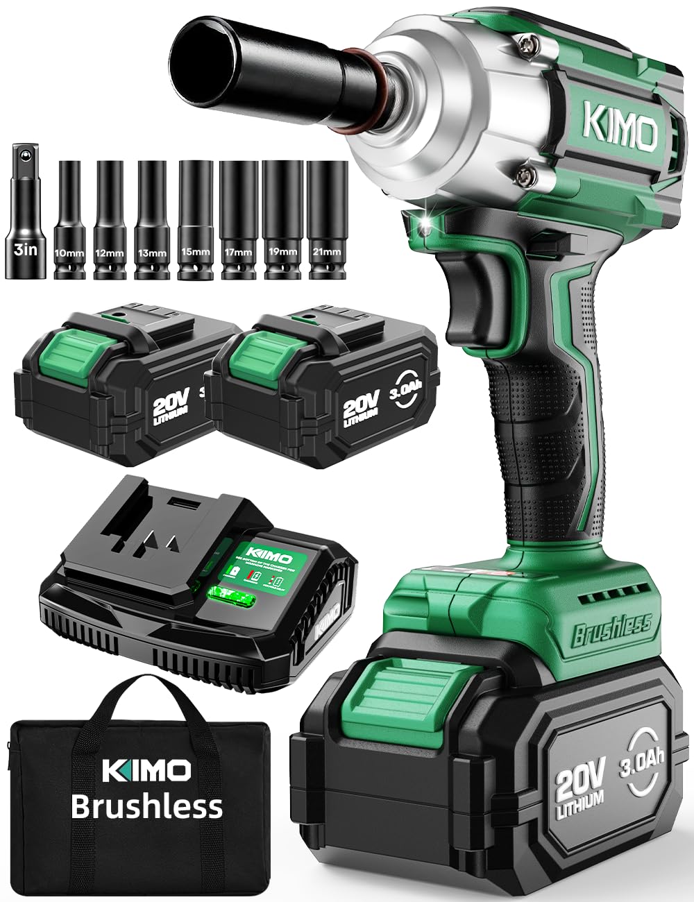 KIMO Impact Wrench 1/2 Cordless,550N.m/406ft-lbs Max Torque & 3000RPM, 2x20V 3.0Ah Battery, Impact Gun with 7 Drive Impact Sockets, 3 Inch Extension Bar, 1 Hour Fast Charger Impact Drill for Car Tires