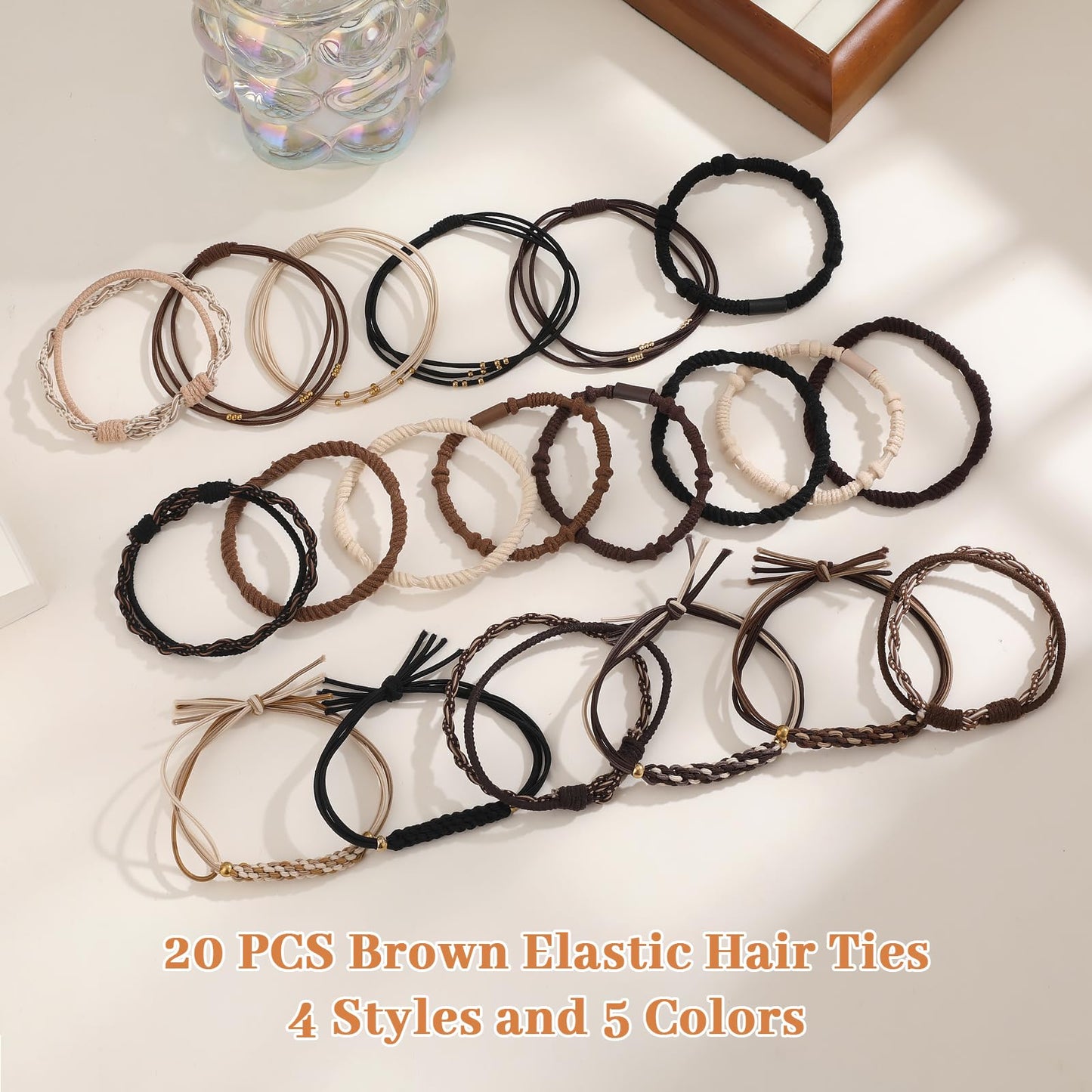 20 PCS Boho Hair Ties, Bracelets Hair Ties for Thick or Thin Hair, 4 Styles Boho Ties for Ponytail Holders, 2.36’’ Hair Ties No-Damage, Brown