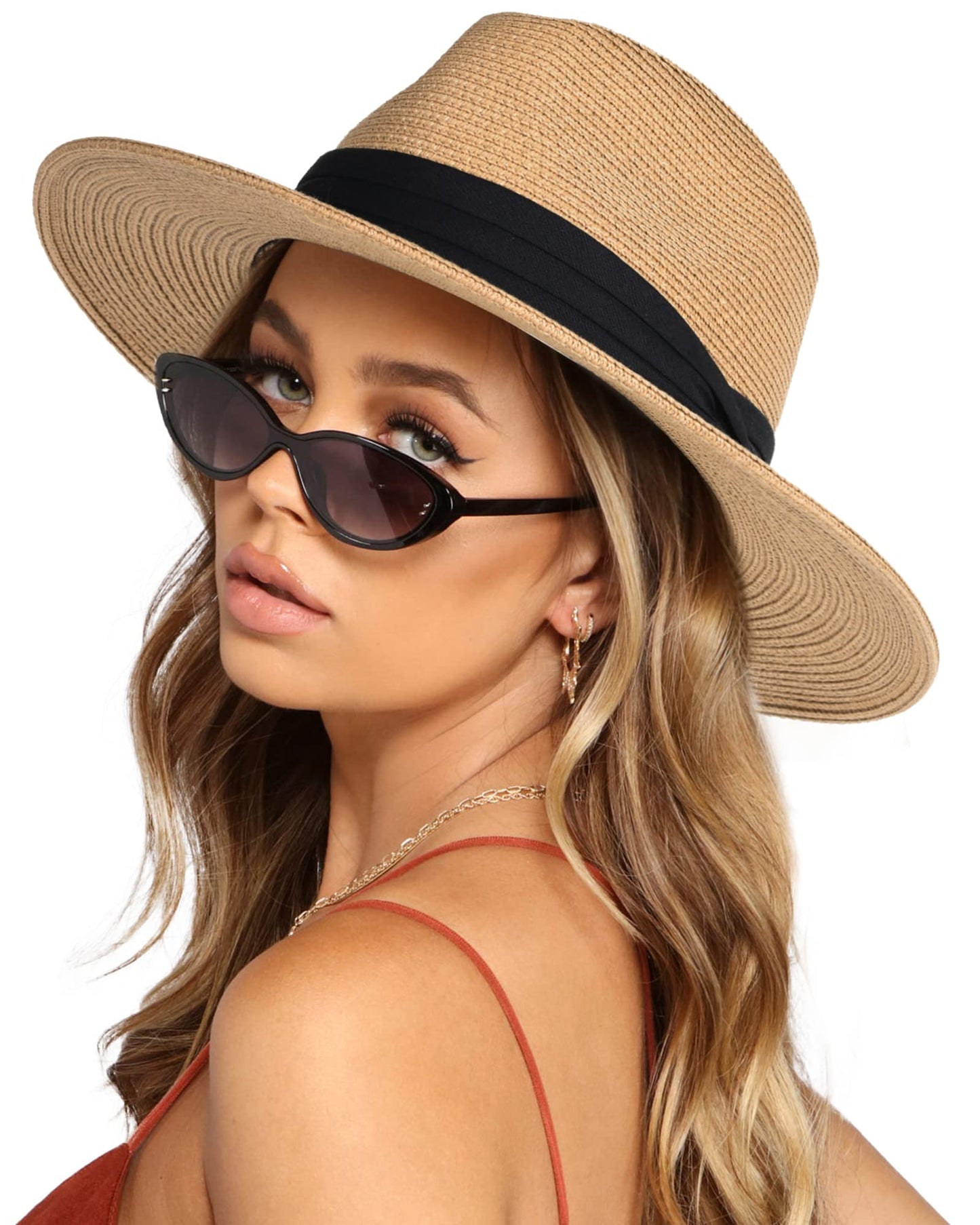 FURTALK Womens Mens Wide Brim Straw Panama Hat Fedora Summer Beach Sun Hat UPF Straw Hat for Women