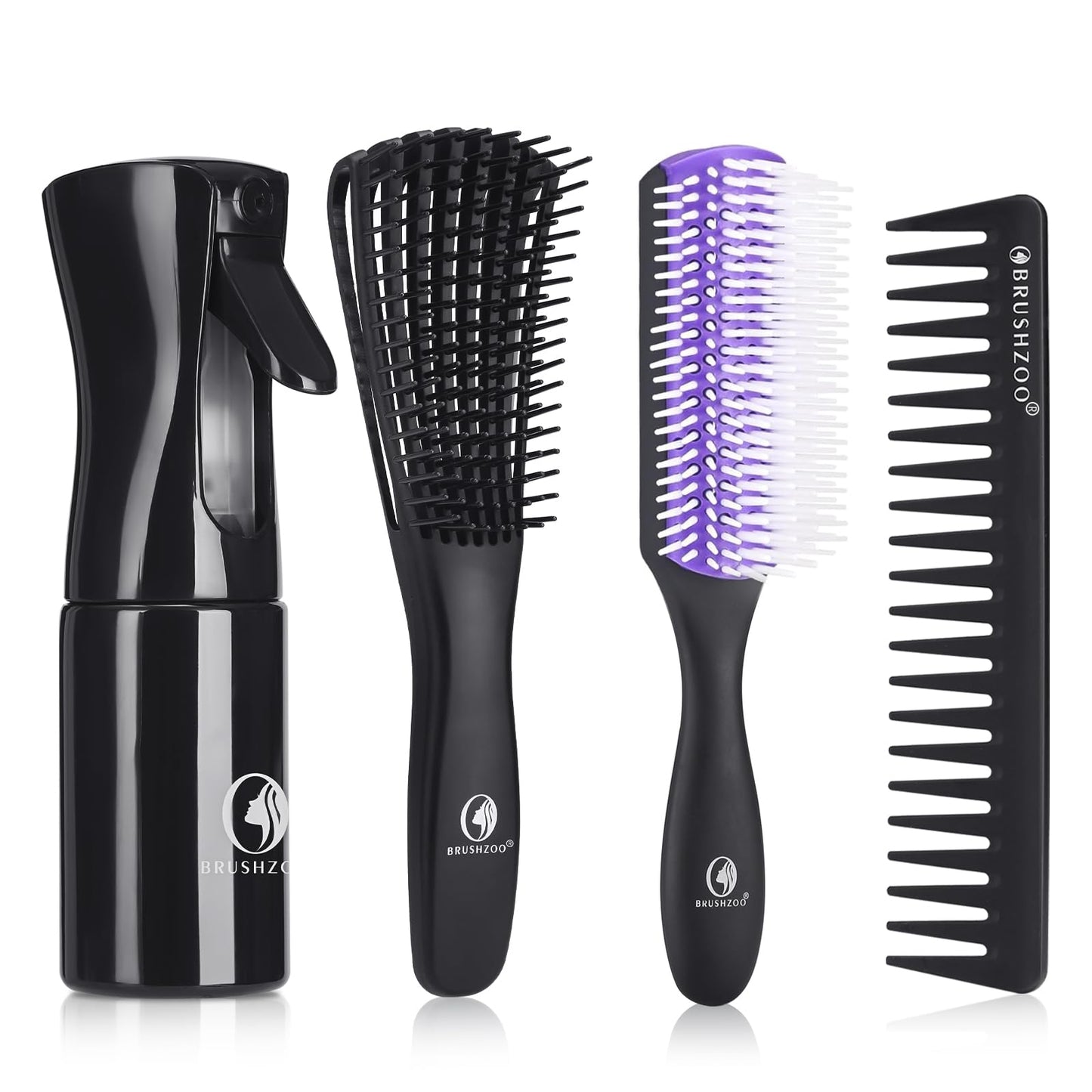 BRUSHZOO Hair Brush Set for Women, Men, and Kids - Detangling Brushes for Curly and Natural 3/4abc Hair, Wide Tooth Comb, Detangler Brush, and Hair Spray Bottle