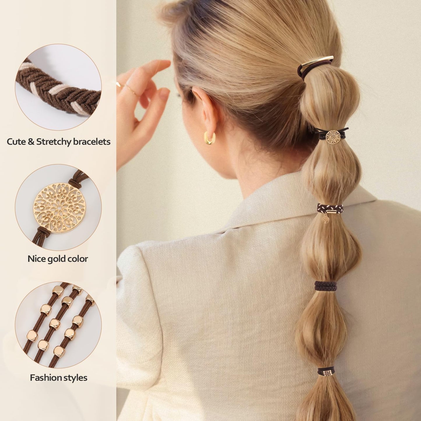 20 PCS Boho Hair Ties, Bracelets Hair Ties for Thick or Thin Hair, 4 Styles Boho Ties for Ponytail Holders, 2.36’’ Hair Ties No-Damage, Brown