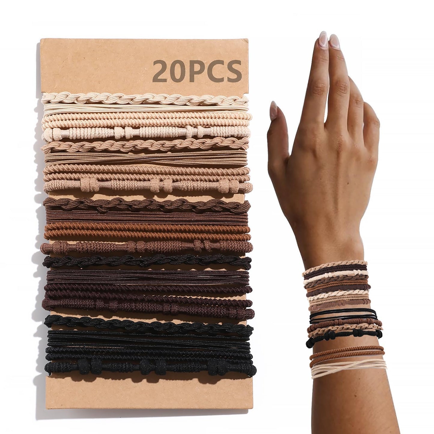 20 PCS Boho Hair Ties, Bracelets Hair Ties for Thick or Thin Hair, 4 Styles Boho Ties for Ponytail Holders, 2.36’’ Hair Ties No-Damage, Brown