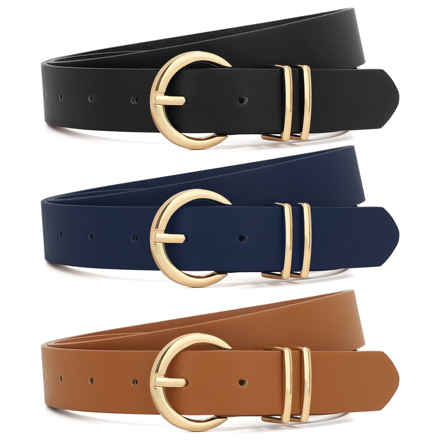 XZQTIVE 3 Pack Women Belts For Jeans Dresses Pants Ladies Leather Waist Belt with Gold Buckle