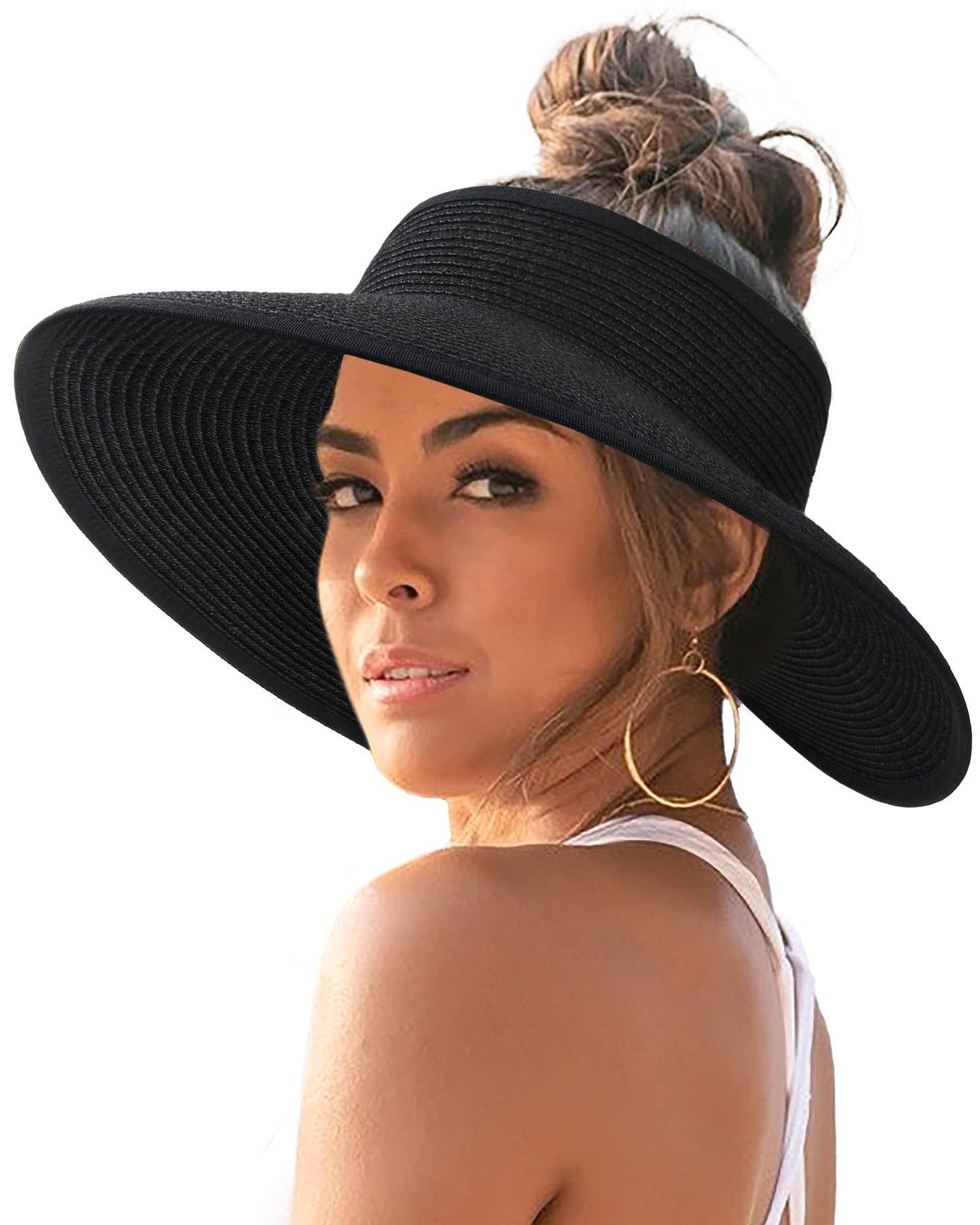 FURTALK Sun Visor Hats for Women Wide Brim Straw Ponytail Summer Beach Hat UV UPF Packable Foldable Travel