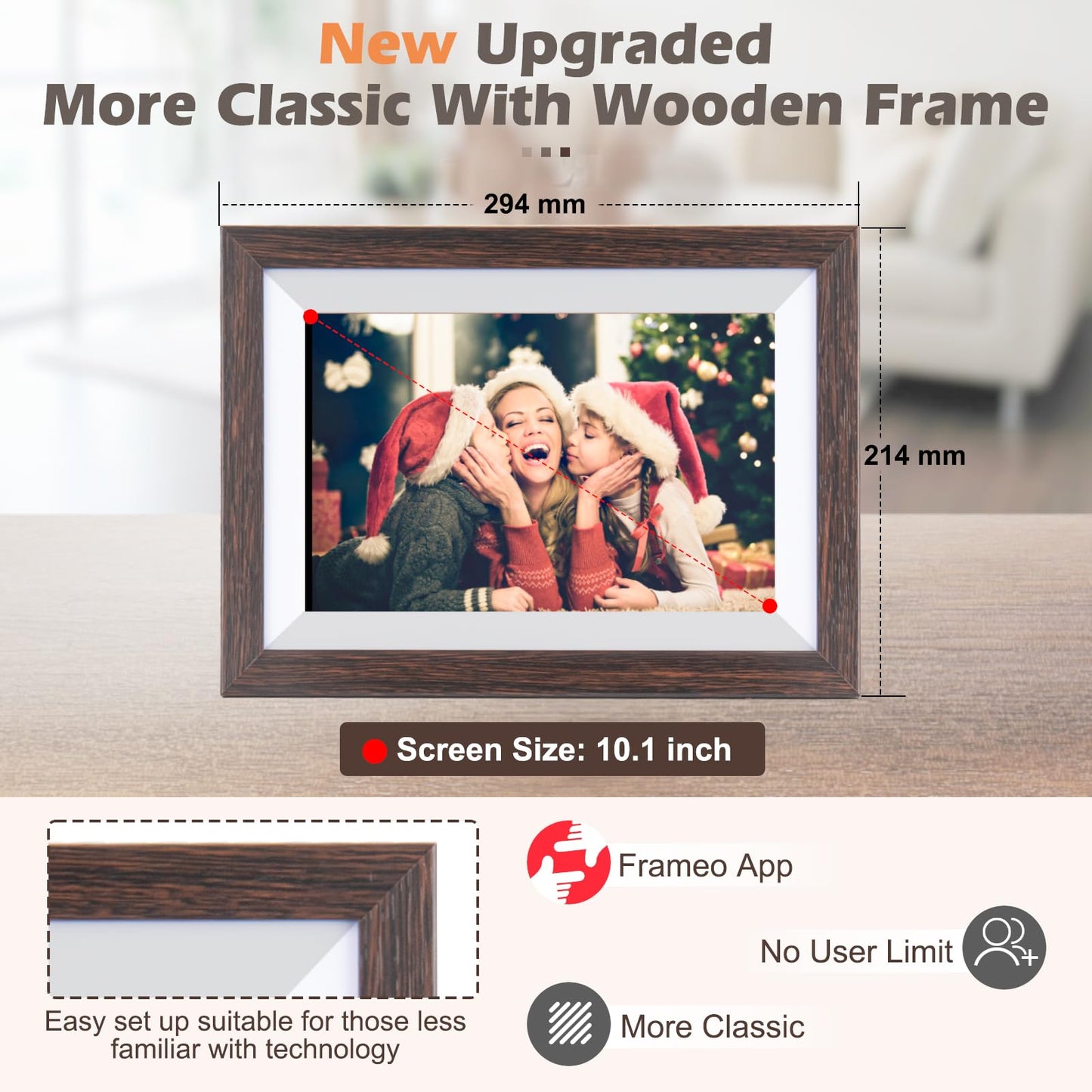 Frameo Digital Picture Frame WiFi 10.1inch Digital Photo Frame,Electronic Photo Frame Load from Phone,1280x800 IPS Touch Screen HD Display,Auto-Rotate,Share Photos/Video-Great Gift(Brown Wood)