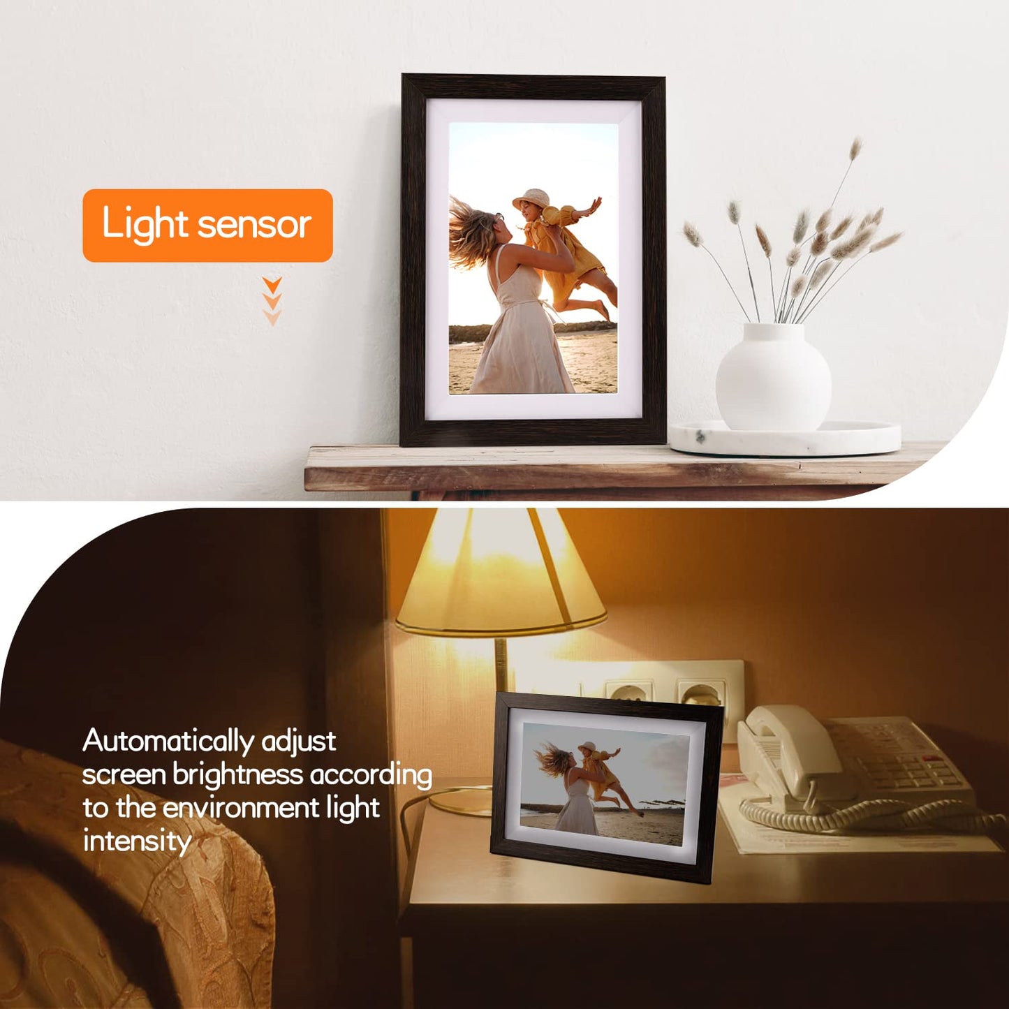 Frameo Digital Picture Frame WiFi 10.1inch Digital Photo Frame,Electronic Photo Frame Load from Phone,1280x800 IPS Touch Screen HD Display,Auto-Rotate,Share Photos/Video-Great Gift(Brown Wood)