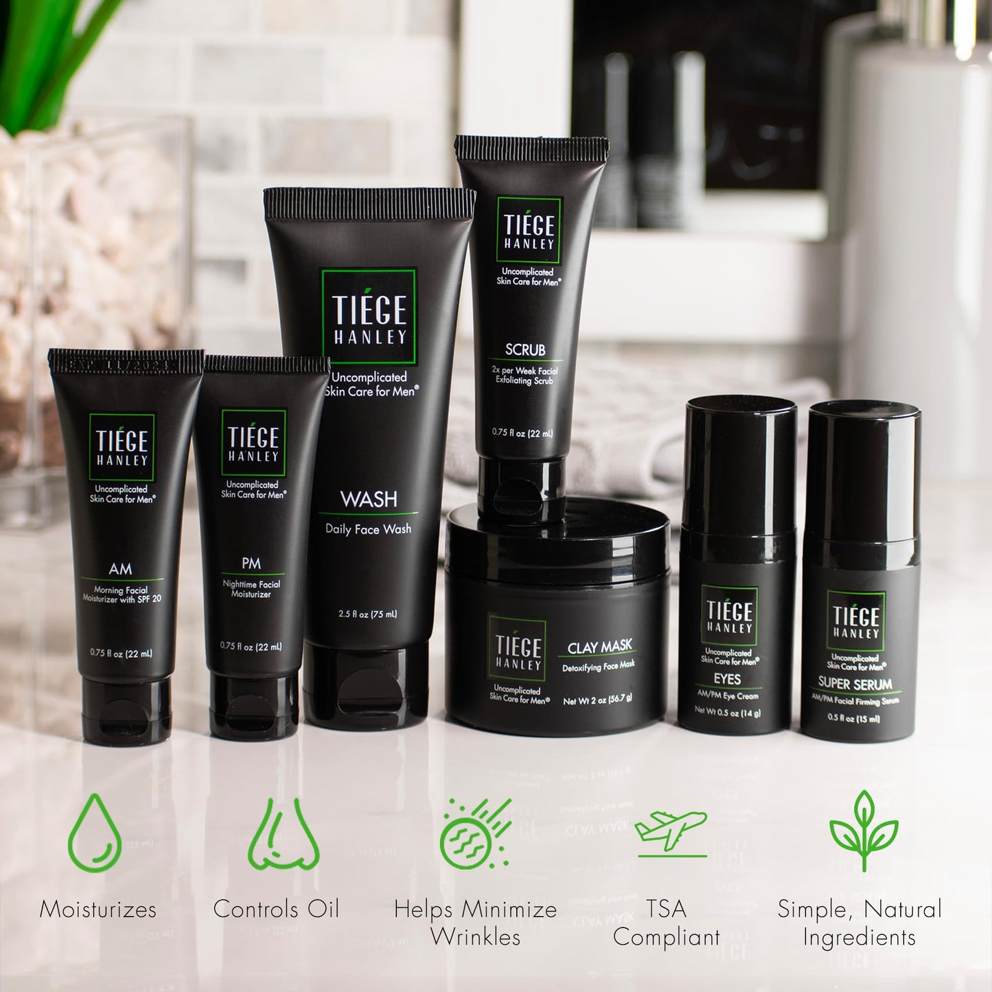 Tiege Hanley Mens Skin Care Set, Anti-Aging Skin Care Routine for Men (System Level 3) - Men's Skincare Set for Fines Lines Includes Face Wash, Scrub, Moisturizer, Eye Cream, & Face Serum