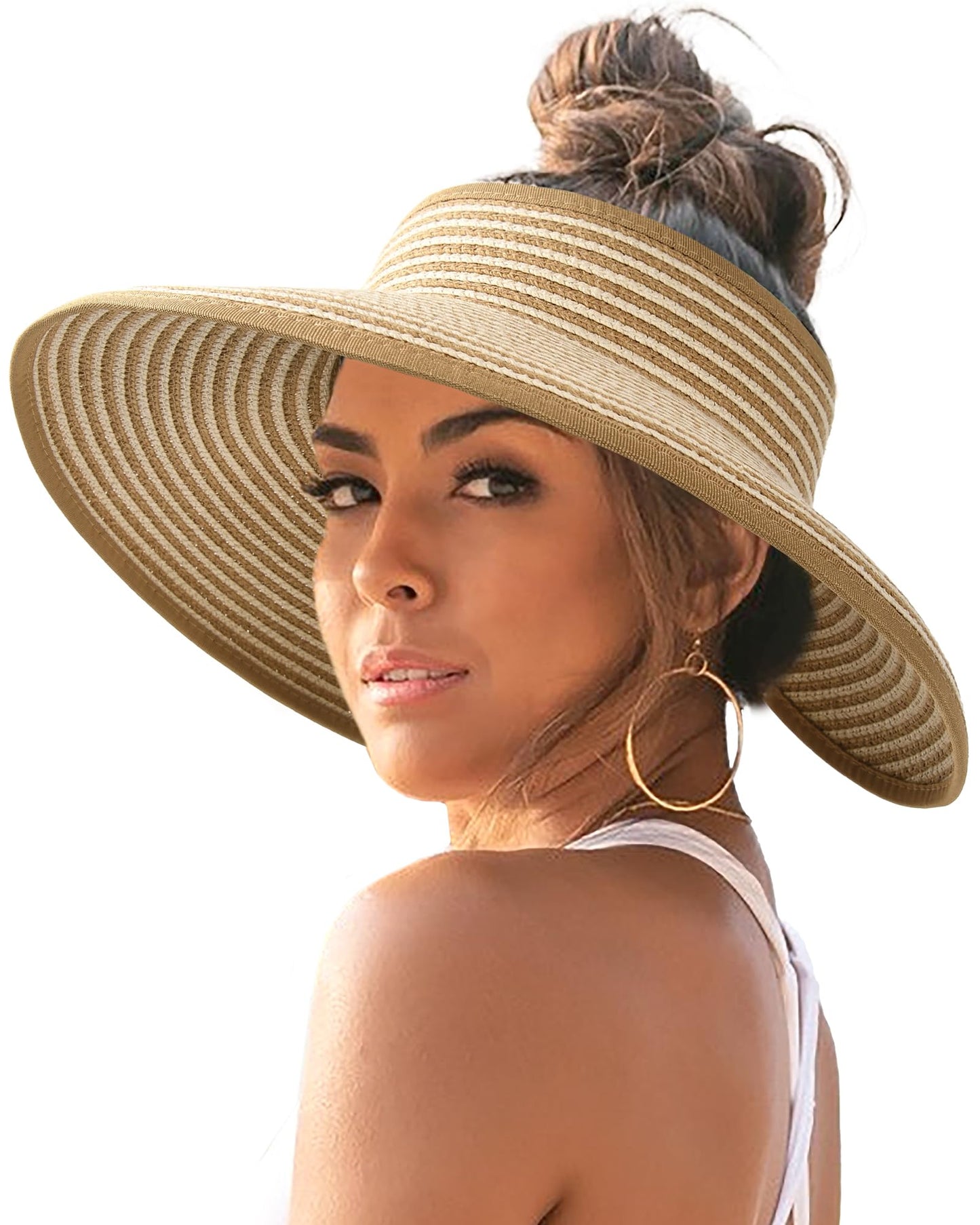 FURTALK Sun Visor Hats for Women Wide Brim Straw Ponytail Summer Beach Hat UV UPF Packable Foldable Travel