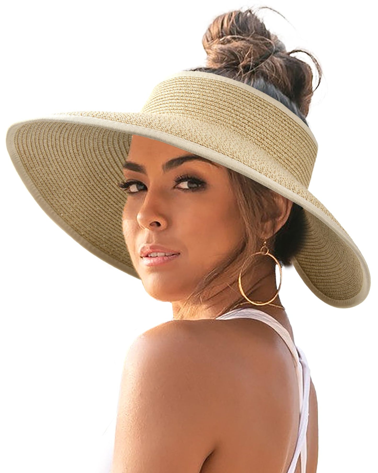 FURTALK Sun Visor Hats for Women Wide Brim Straw Ponytail Summer Beach Hat UV UPF Packable Foldable Travel