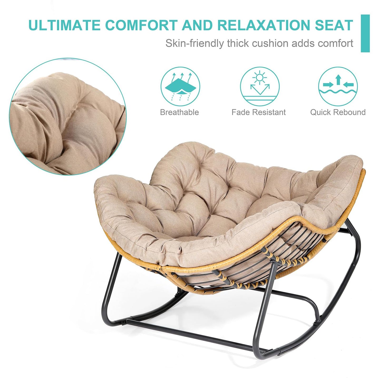 SWITTE Outdoor Rocking Chair, Patio Egg Rocking Chair, Indoor Papasan Chair, Rattan Wicker Lounge Chair, Modern Royal Chair for Bedroom, Living Room, Porch, Garden, Lawn-Beige