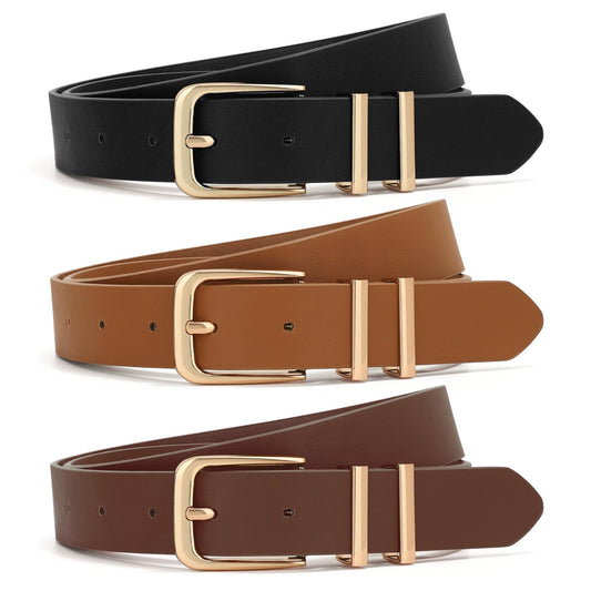 XZQTIVE 3 Pack Women Belts For Jeans Dresses Pants Ladies Leather Waist Belt with Gold Buckle