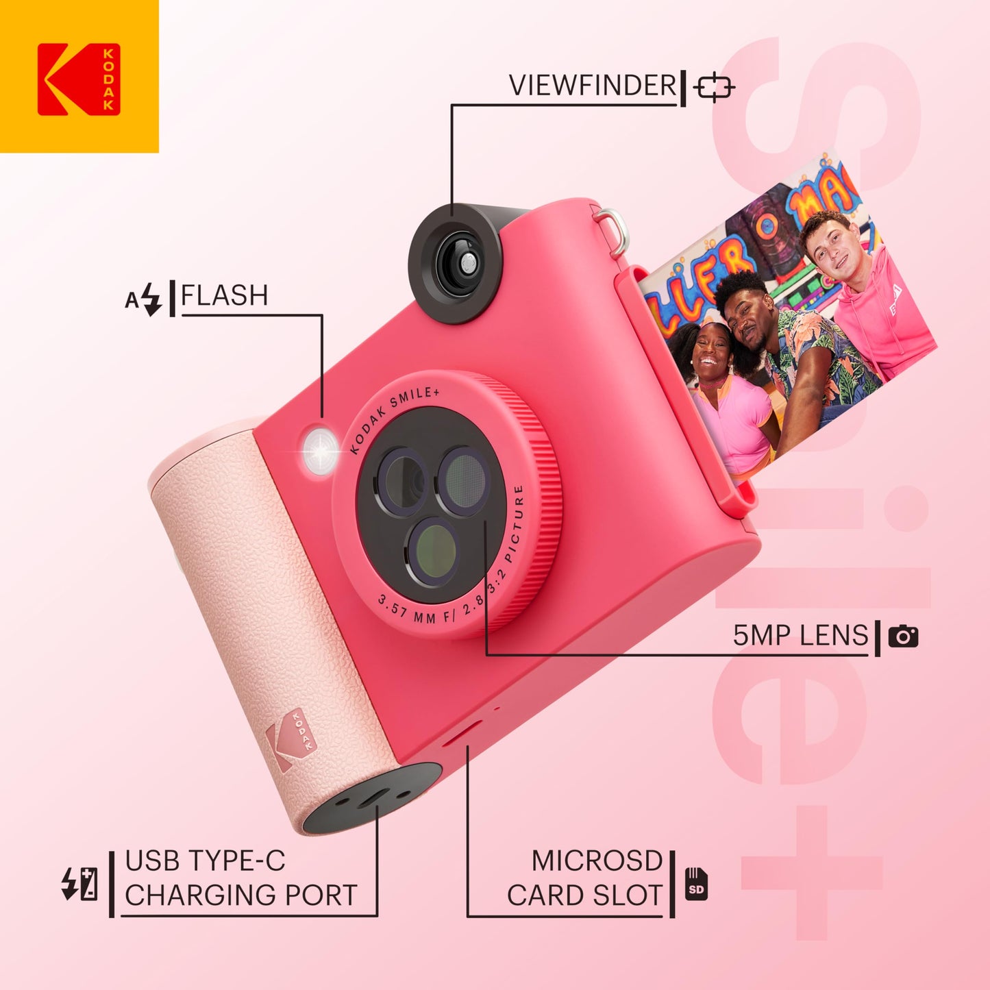 KODAK Smile+ 2-in-1 Digital Instant Print Camera & Wireless Bluetooth Photo Printer - 10MP, Special-Effect Rotating Lens, Zink 2x3” Sticky-Back Photos, Print via Fun App from Smart Devices - Fuchsia