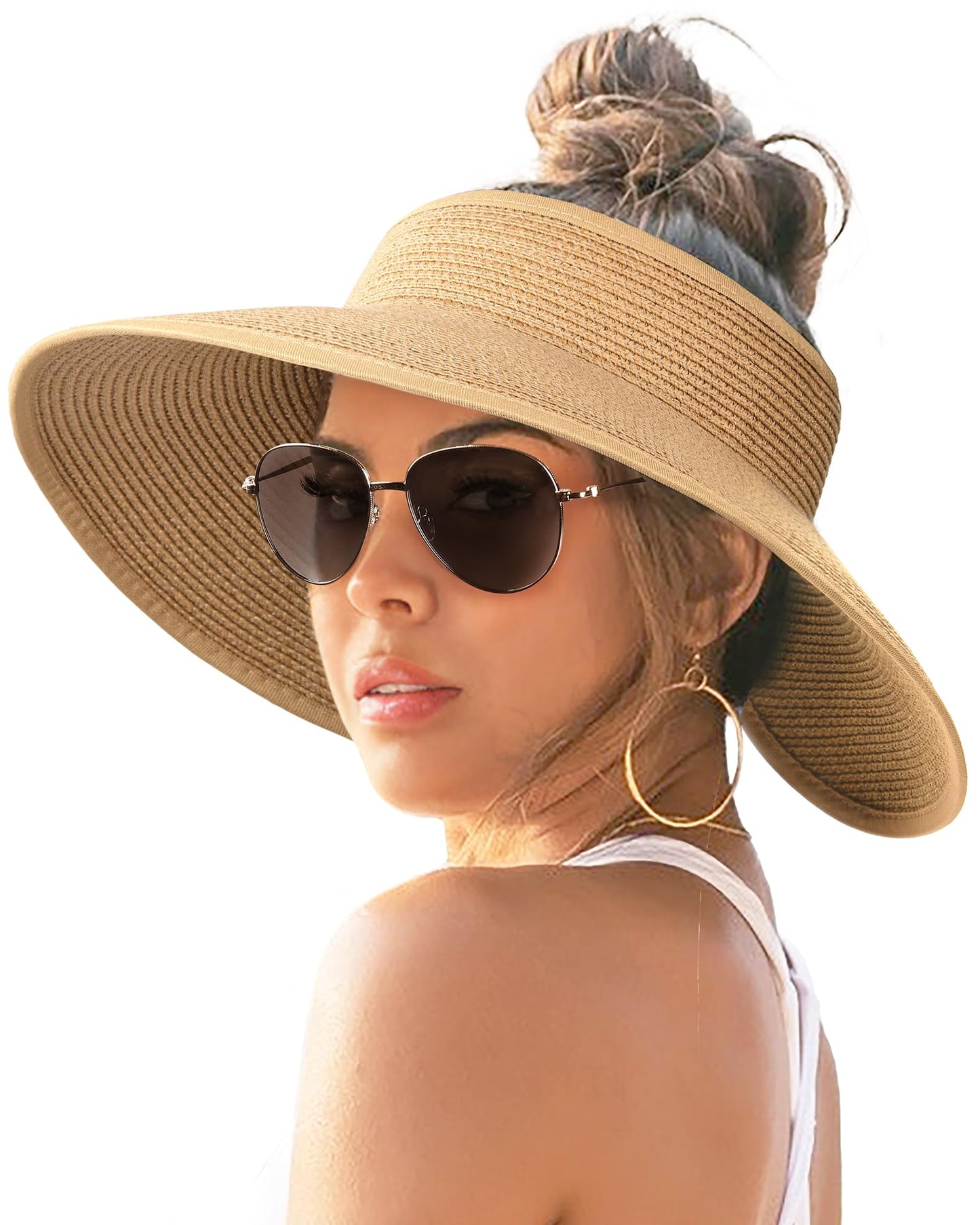 FURTALK Sun Visor Hats for Women Wide Brim Straw Ponytail Summer Beach Hat UV UPF Packable Foldable Travel