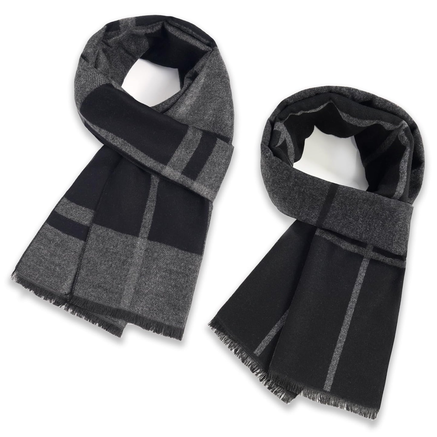 SUNOVELTIES Mens Winter Warm Scarf, 2 Pack Feel Wool Blend Tassel Soft Scarves Black Grey Long Grid Plaid Pattern