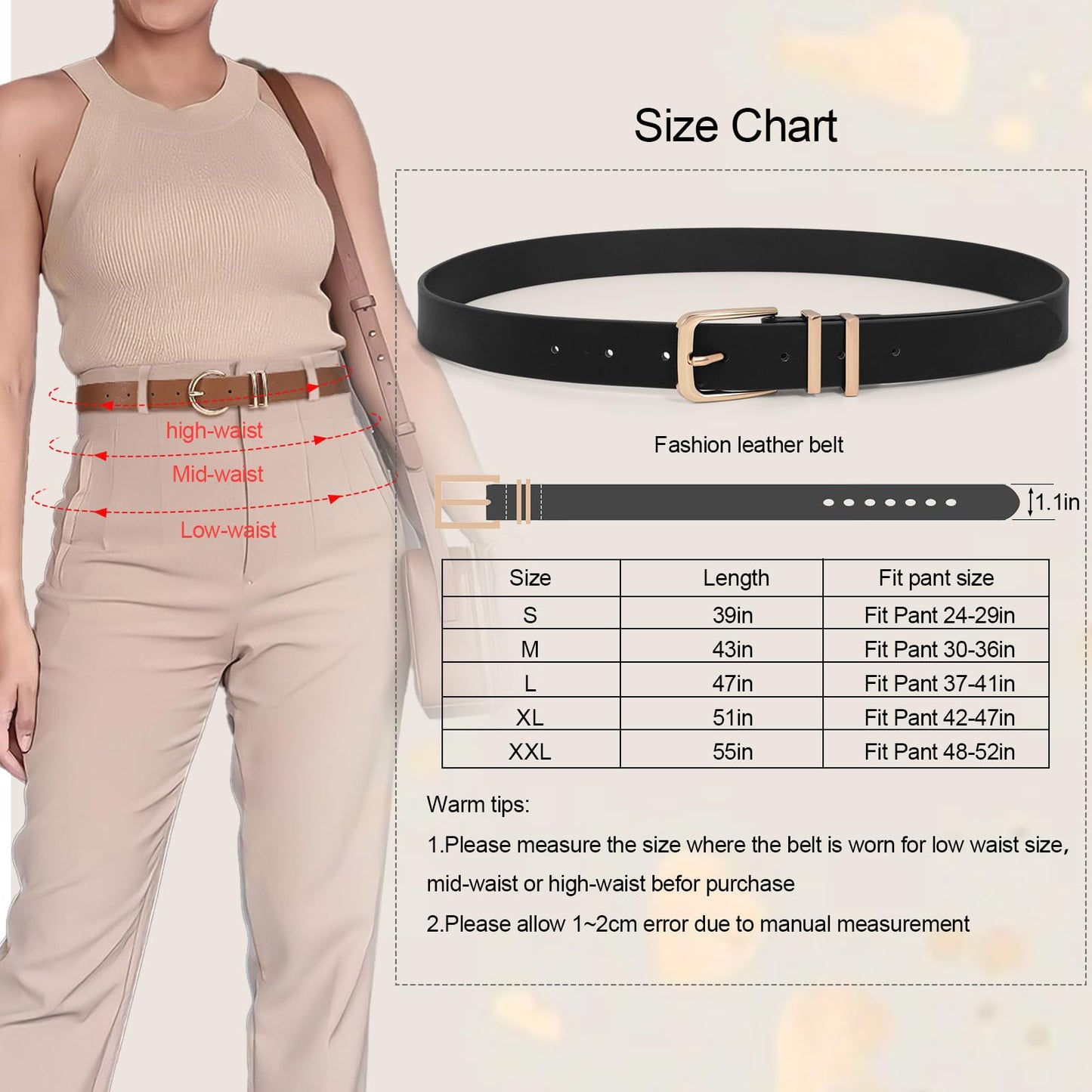 XZQTIVE 3 Pack Women Belts For Jeans Dresses Pants Ladies Leather Waist Belt with Gold Buckle