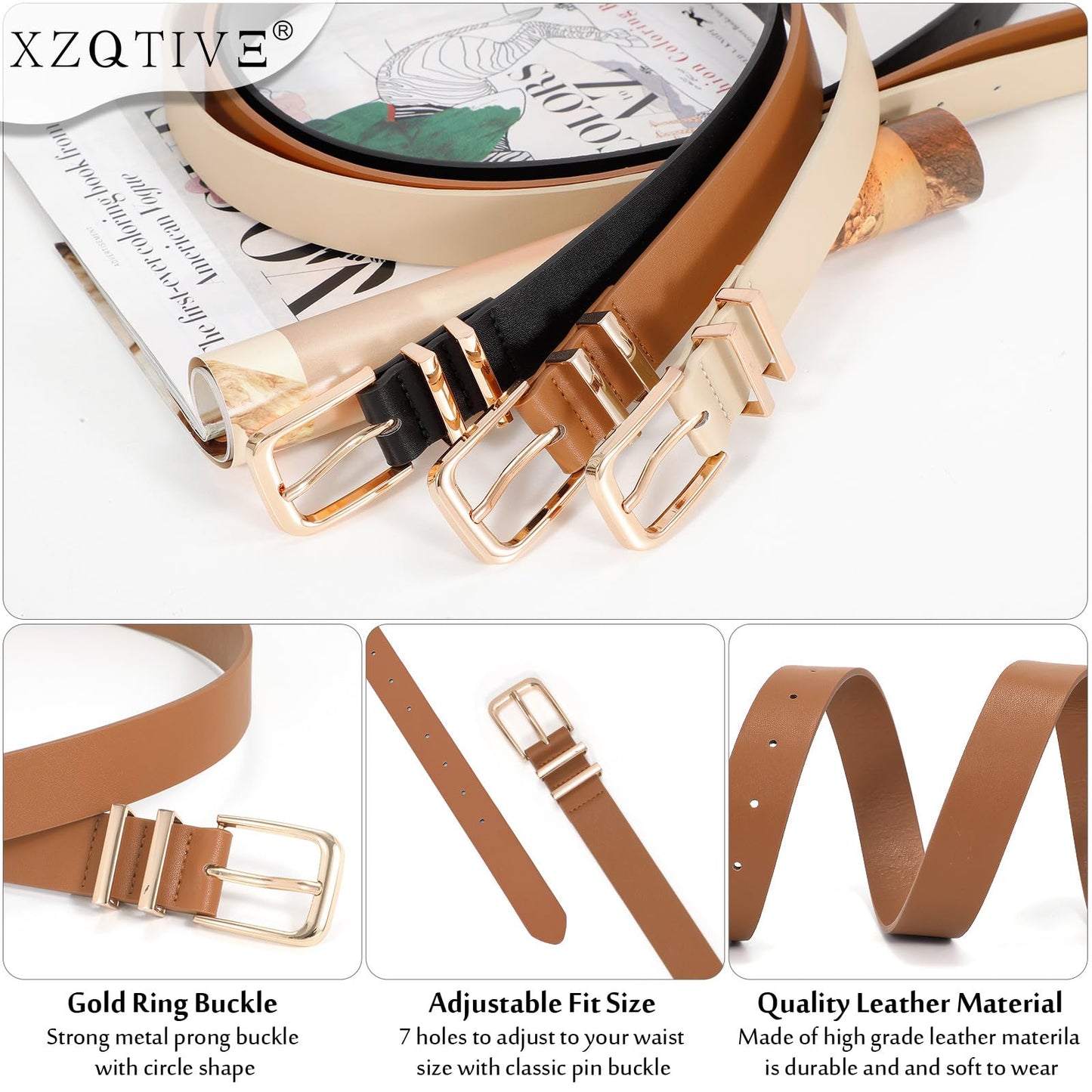 XZQTIVE 3 Pack Women Belts For Jeans Dresses Pants Ladies Leather Waist Belt with Gold Buckle