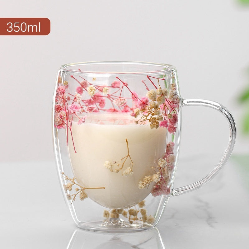 Internet Celebrity Real Flower Double Layer Good-looking Starry Milk Coffee Glass Simple