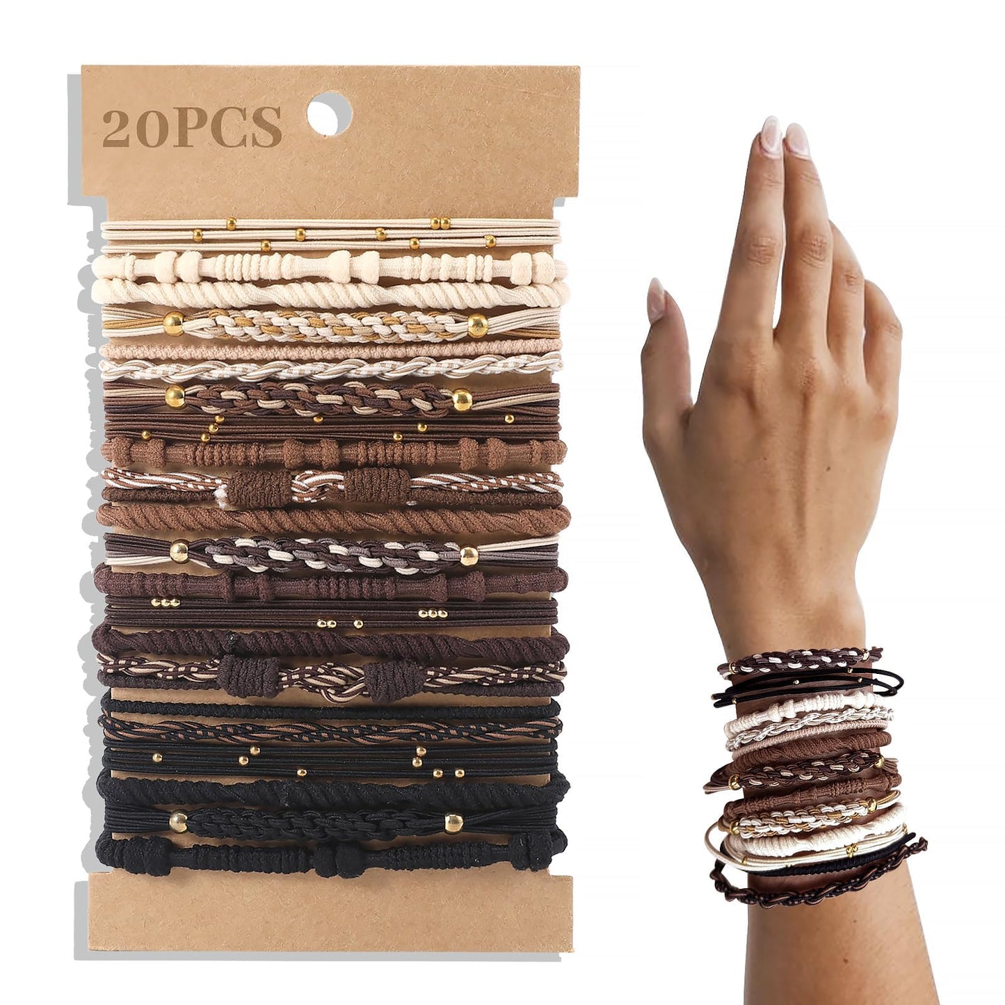 20 PCS Boho Hair Ties, Bracelets Hair Ties for Thick or Thin Hair, 4 Styles Boho Ties for Ponytail Holders, 2.36’’ Hair Ties No-Damage, Brown