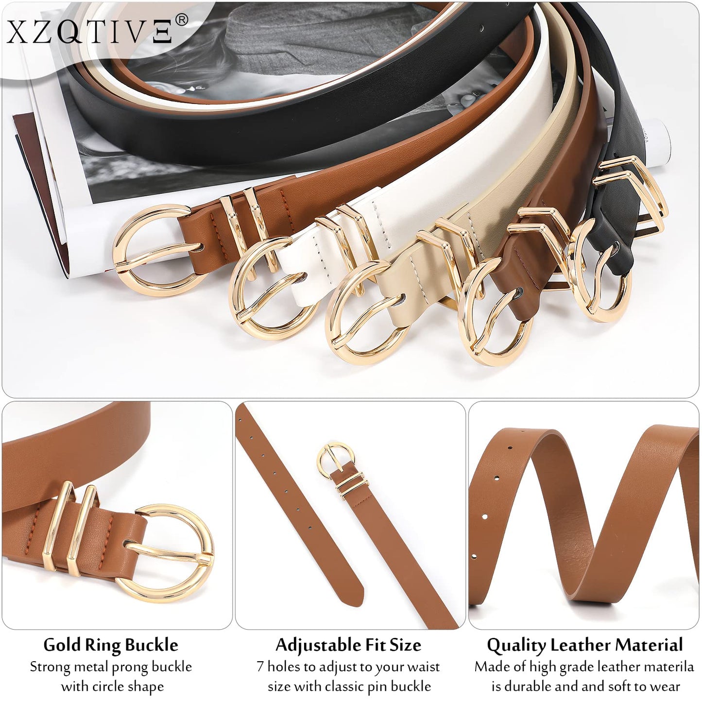 XZQTIVE 3 Pack Women Belts For Jeans Dresses Pants Ladies Leather Waist Belt with Gold Buckle