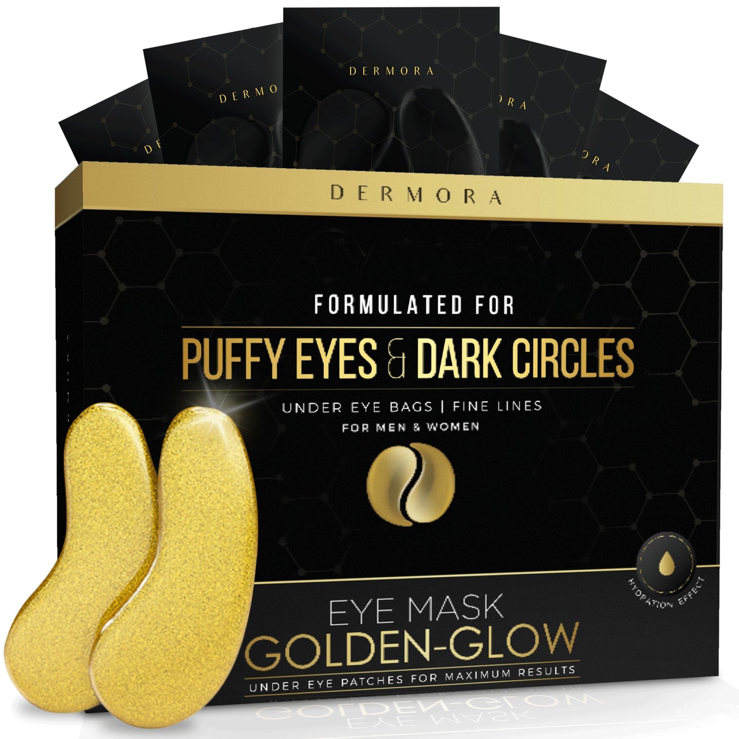 DERMORA Golden Glow Under Eye Patches (20 Pairs Eye Gels) - Rejuvenating Treatment for Dark Circles, Puffy Eyes, Refreshing, Revitalizing, Travel, Wrinkles