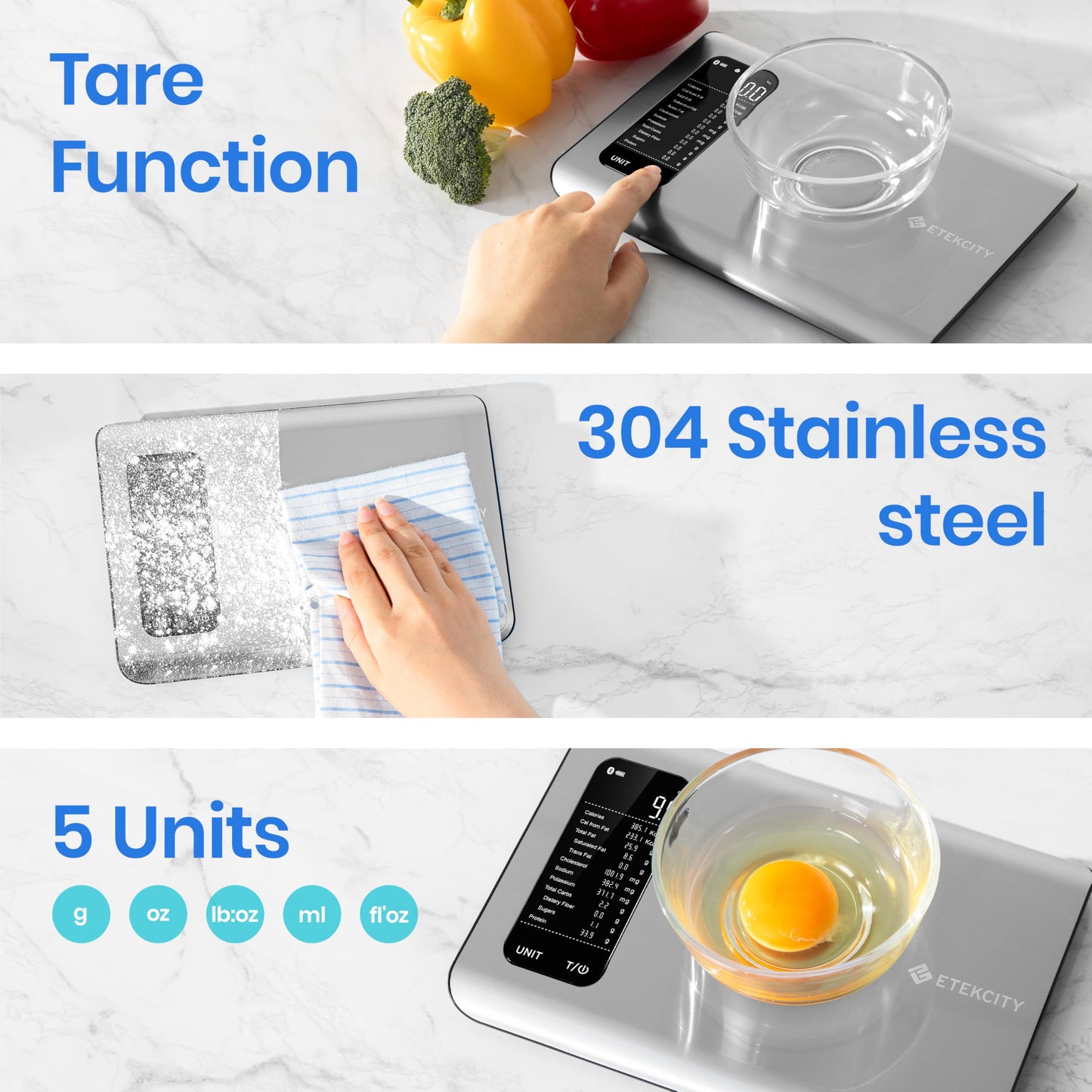 Etekcity Food Kitchen Scale, Digital Grams and Ounces for Weight Loss, Baking, Cooking, Keto and Meal Prep, LCD Display, Medium, 304 Stainless Steel