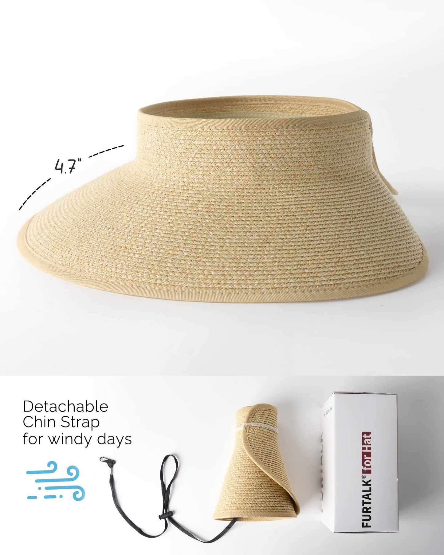 FURTALK Sun Visor Hats for Women Wide Brim Straw Ponytail Summer Beach Hat UV UPF Packable Foldable Travel