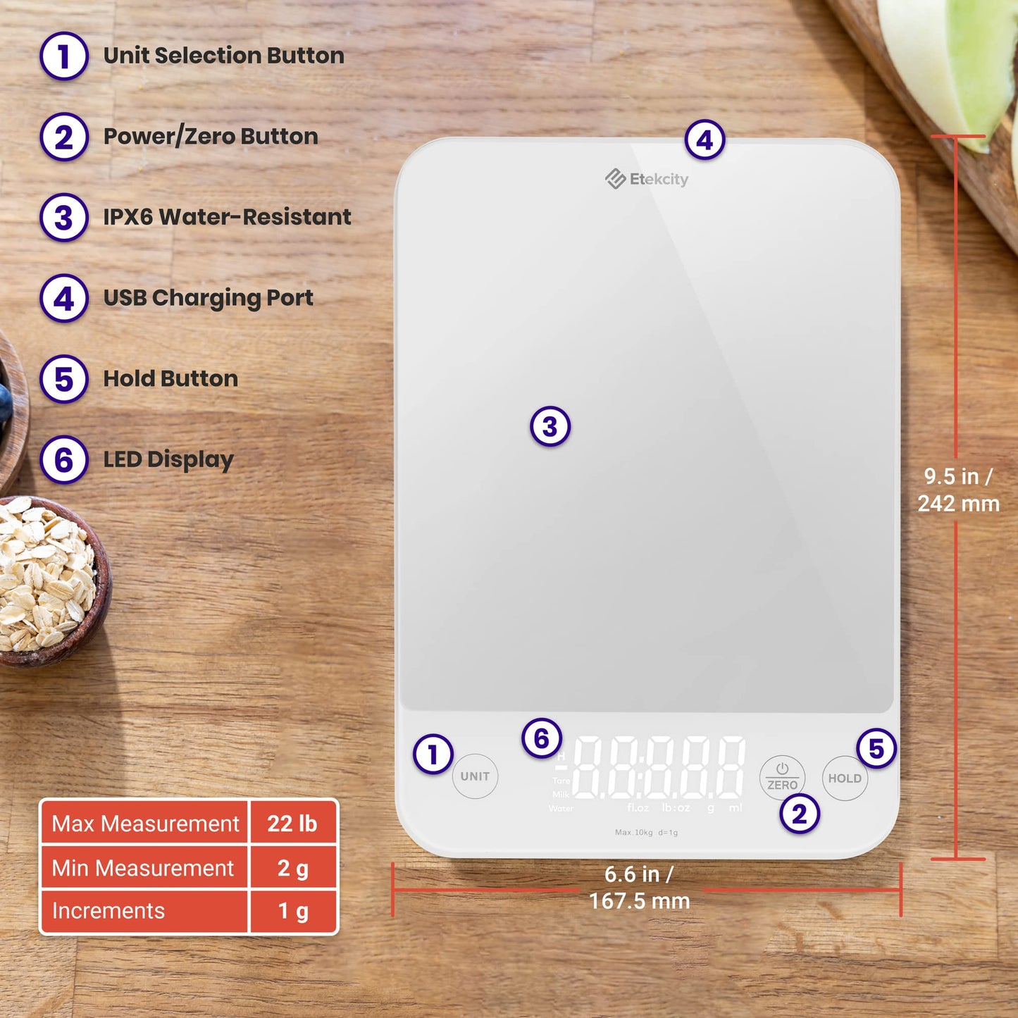 Etekcity Food Kitchen Scale, Digital Grams and Ounces for Weight Loss, Baking, Cooking, Keto and Meal Prep, LCD Display, Medium, 304 Stainless Steel