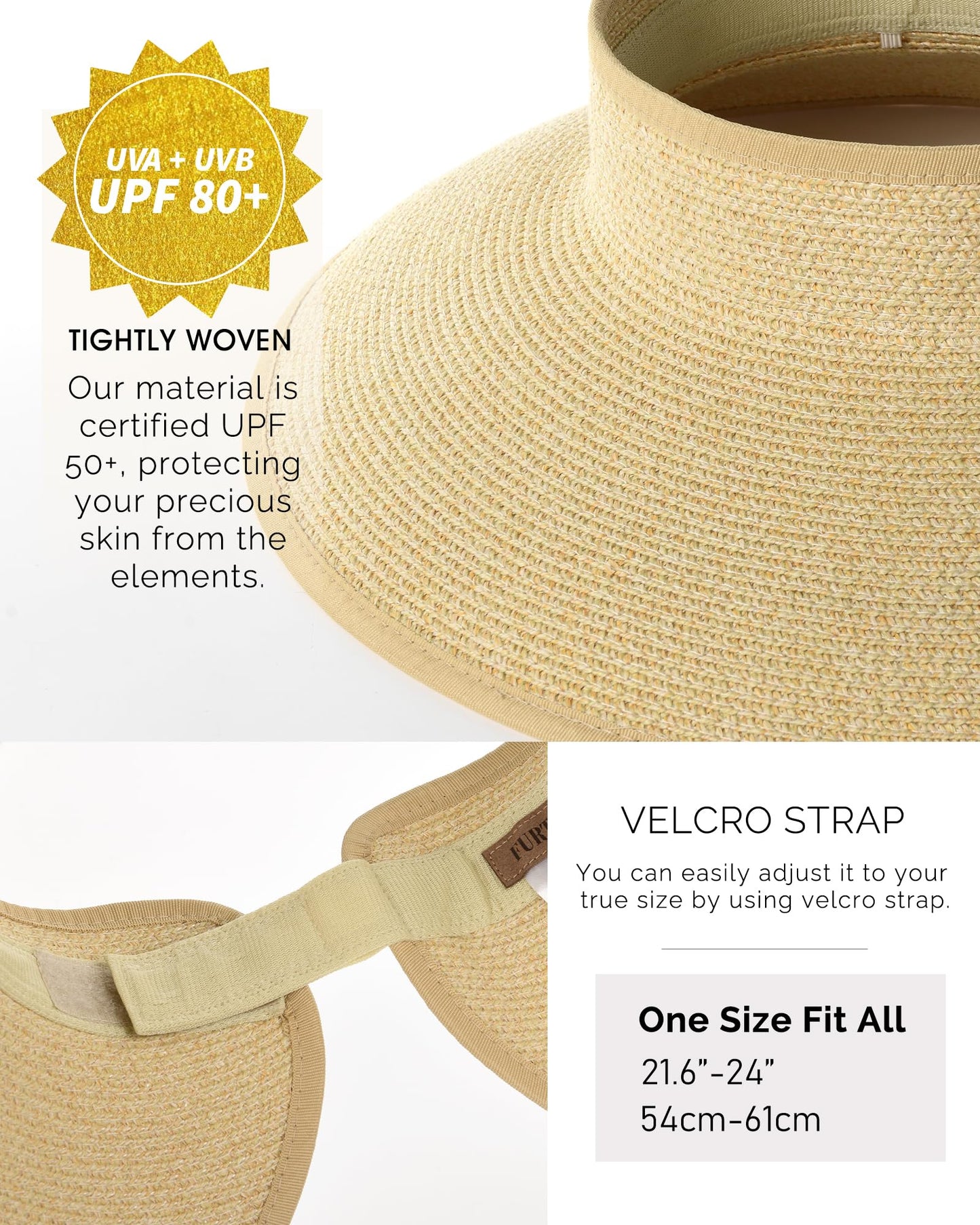 FURTALK Sun Visor Hats for Women Wide Brim Straw Ponytail Summer Beach Hat UV UPF Packable Foldable Travel