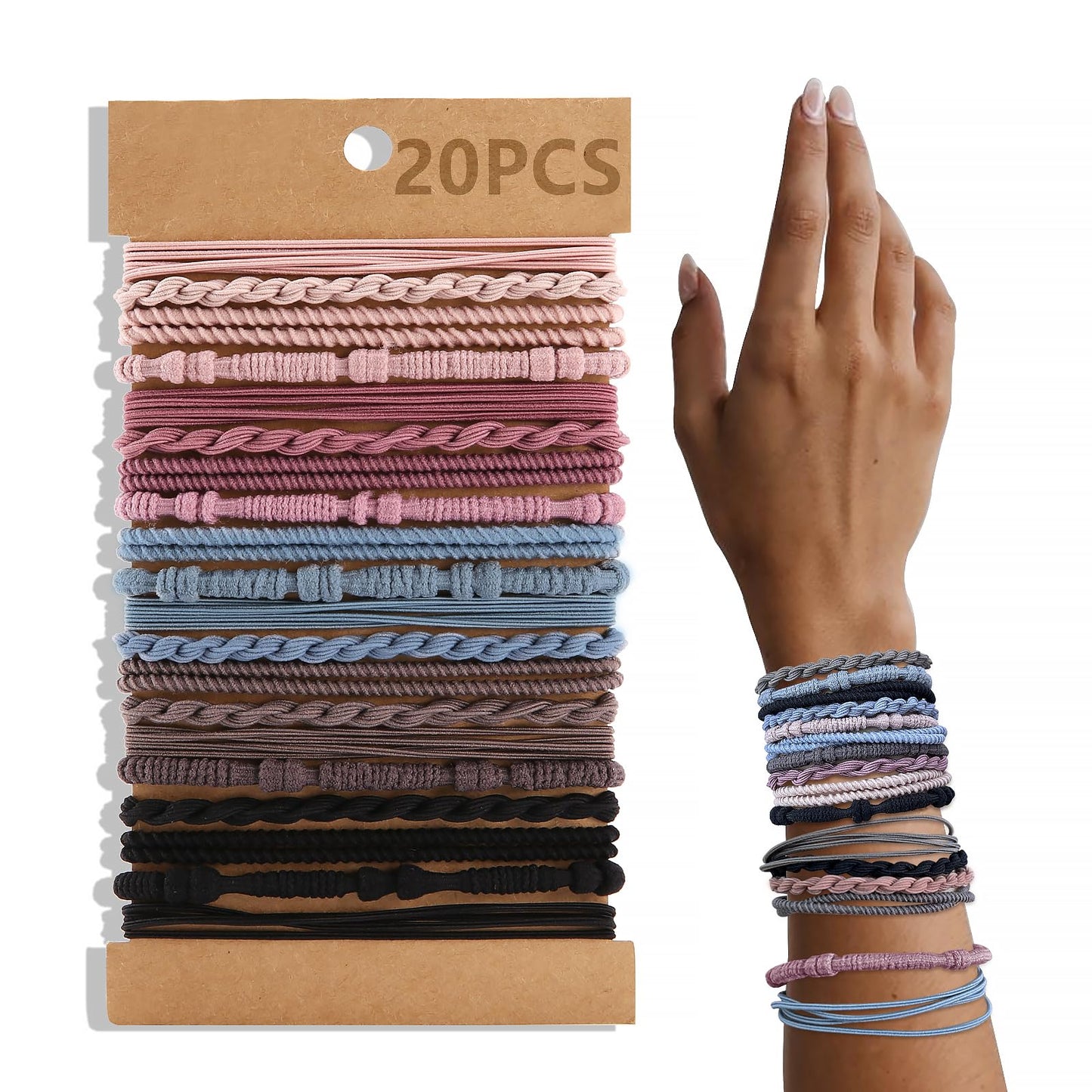 20 PCS Boho Hair Ties, Bracelets Hair Ties for Thick or Thin Hair, 4 Styles Boho Ties for Ponytail Holders, 2.36’’ Hair Ties No-Damage, Brown