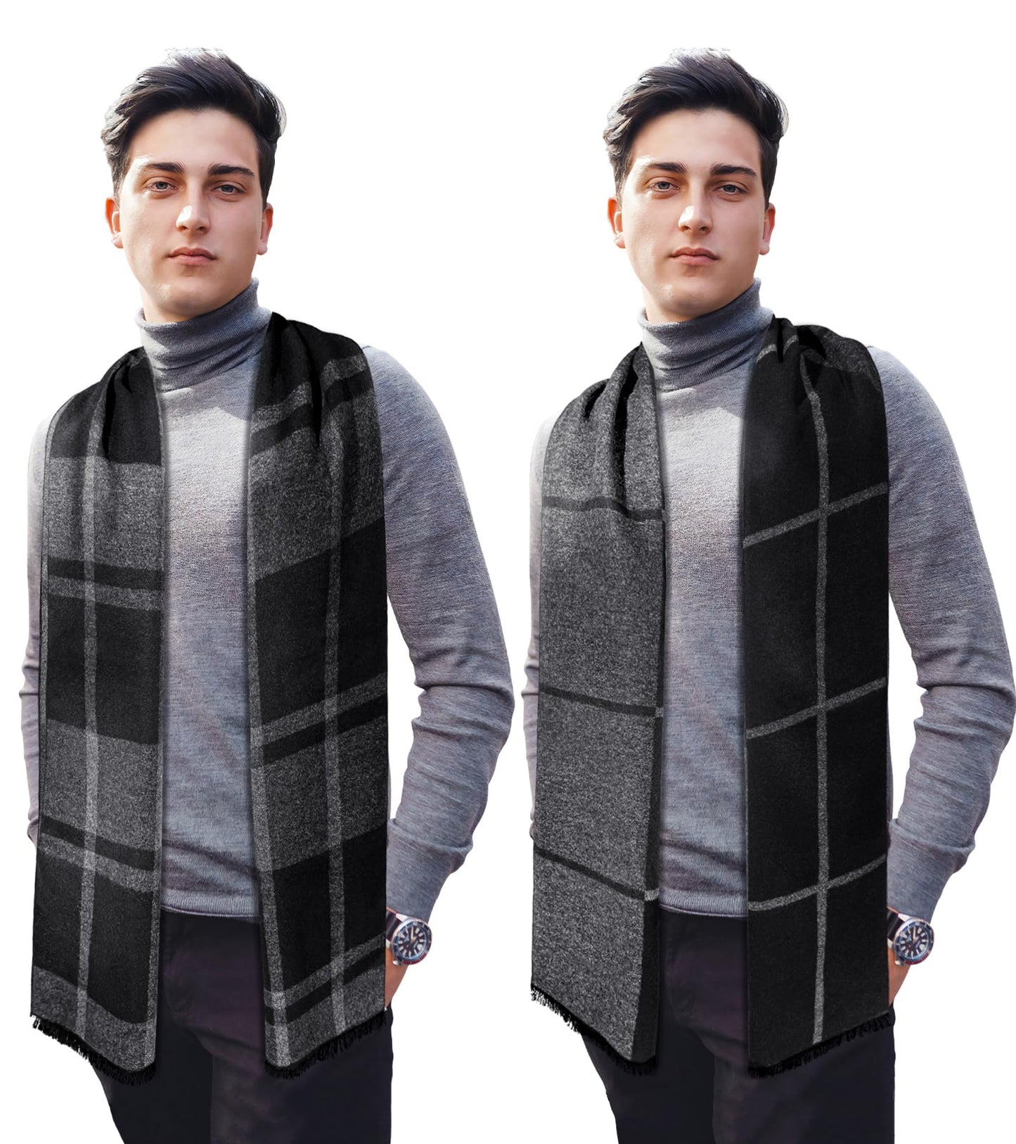 SUNOVELTIES Mens Winter Warm Scarf, 2 Pack Feel Wool Blend Tassel Soft Scarves Black Grey Long Grid Plaid Pattern