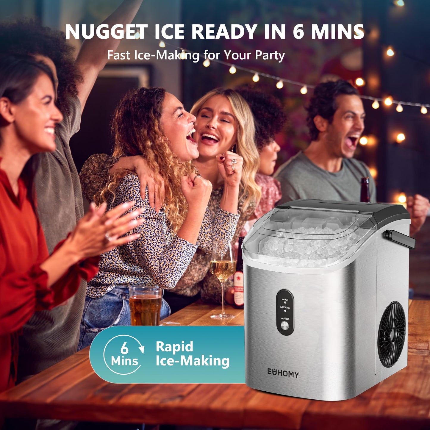 EUHOMY Nugget Ice Maker Countertop with Handle, Ready in 6 Mins, 34lbs Per Day, Removable Top Cover, Auto-Cleaning, Portable Sonic Ice Maker with Basket and Scoop, for Home/Party/RV/Camping (Black)