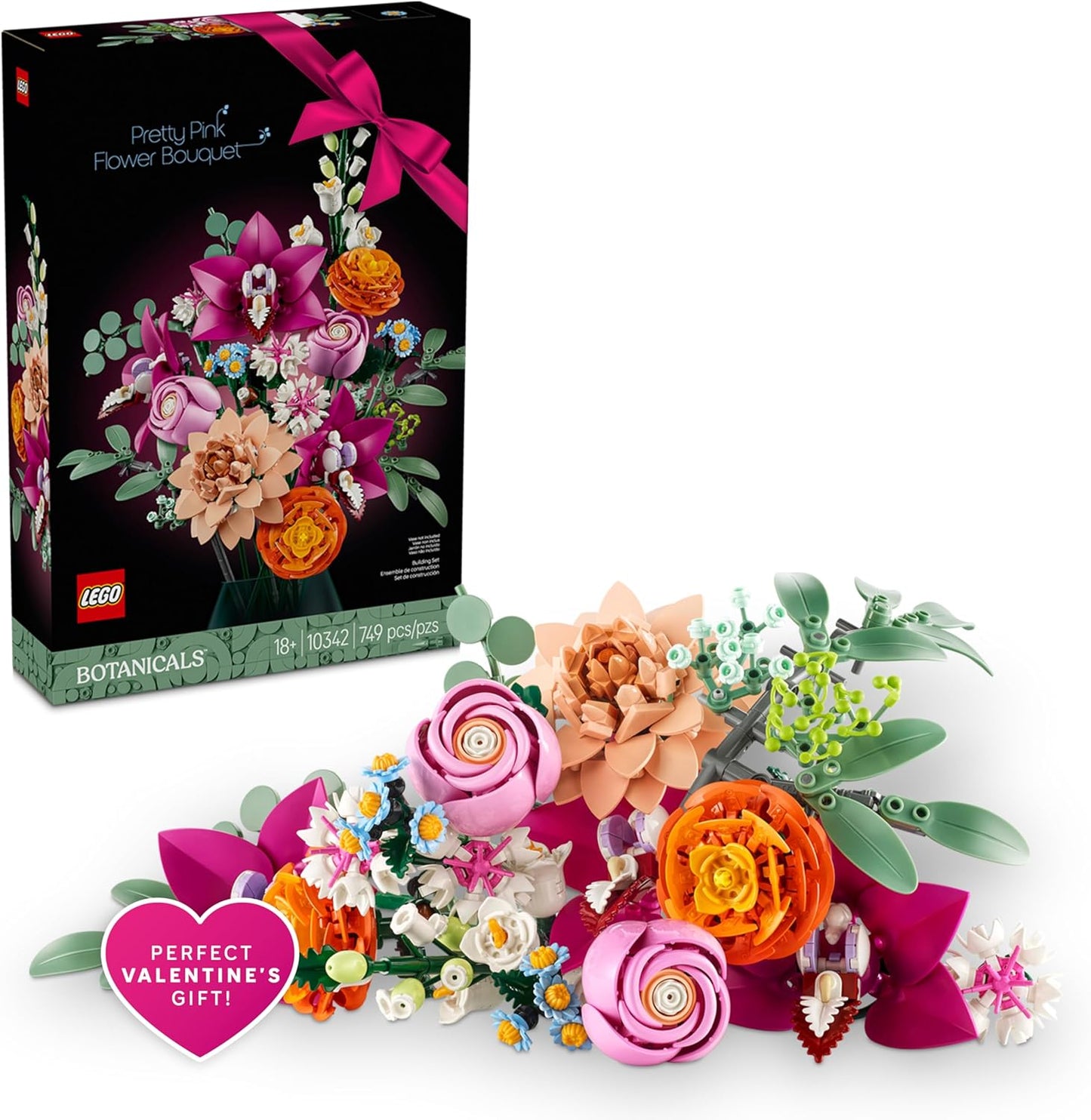 LEGO Botanicals Pretty Pink Flower Bouquet Building Sets for Adults - Artificial Flowers for Home Decor, Centerpieces for Tables - Gift for Valentines Day for Her & Him - 10342