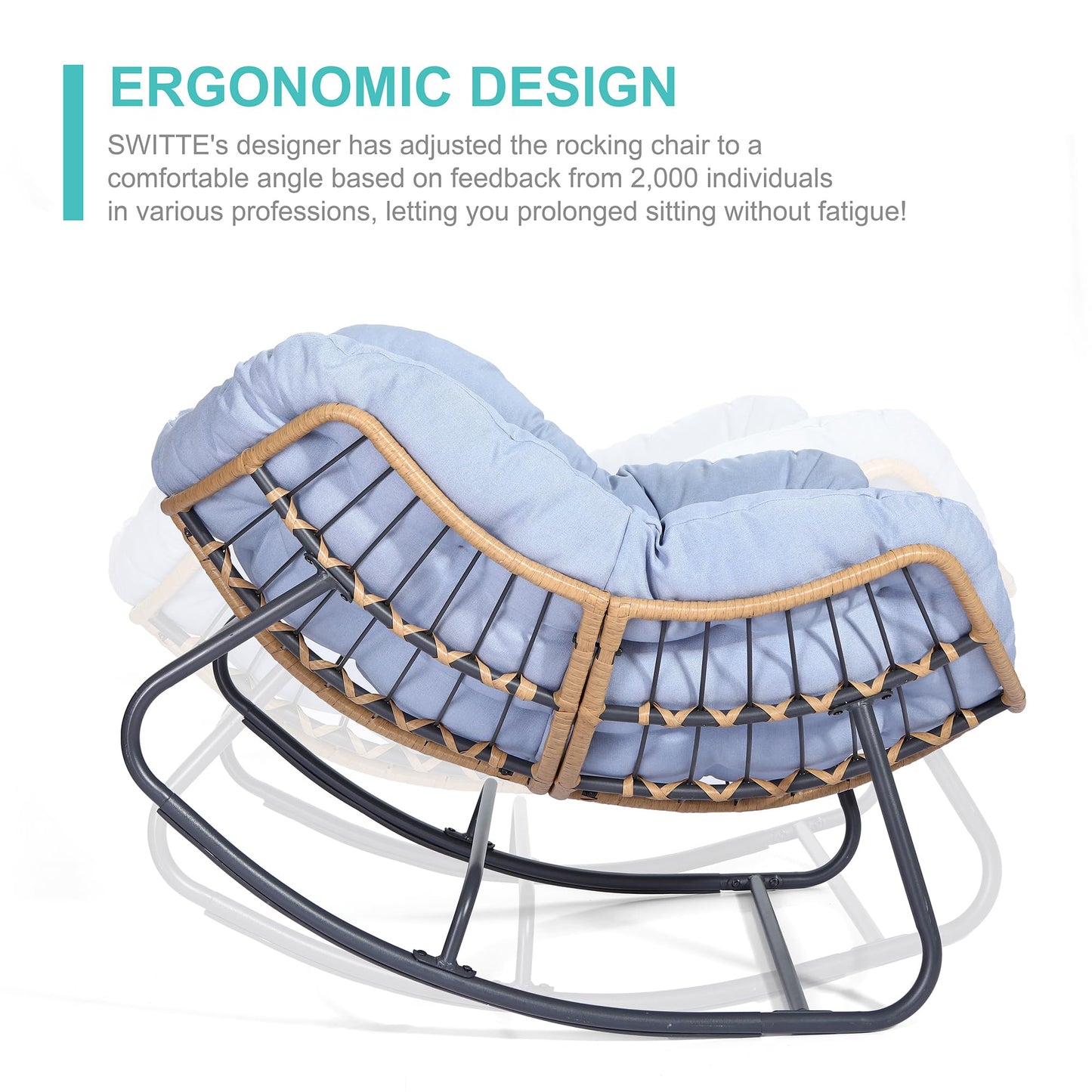 SWITTE Outdoor Rocking Chair, Patio Egg Rocking Chair, Indoor Papasan Chair, Rattan Wicker Lounge Chair, Modern Royal Chair for Bedroom, Living Room, Porch, Garden, Lawn-Beige