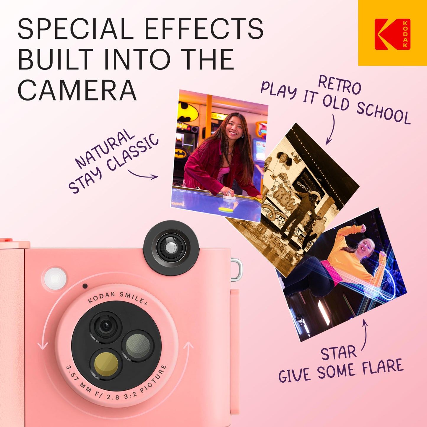 KODAK Smile+ 2-in-1 Digital Instant Print Camera & Wireless Bluetooth Photo Printer - 10MP, Special-Effect Rotating Lens, Zink 2x3” Sticky-Back Photos, Print via Fun App from Smart Devices - Fuchsia