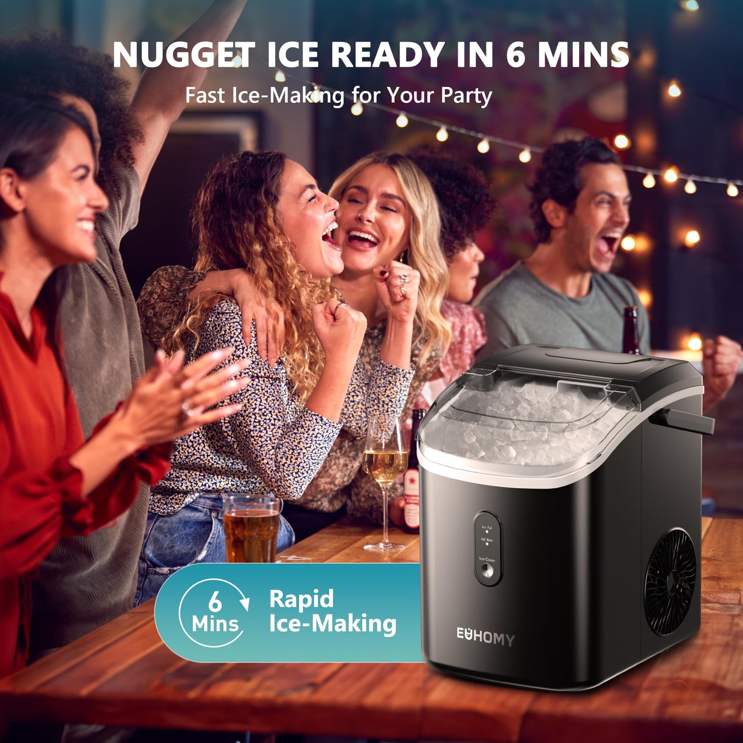 EUHOMY Nugget Ice Maker Countertop with Handle, Ready in 6 Mins, 34lbs Per Day, Removable Top Cover, Auto-Cleaning, Portable Sonic Ice Maker with Basket and Scoop, for Home/Party/RV/Camping (Black)