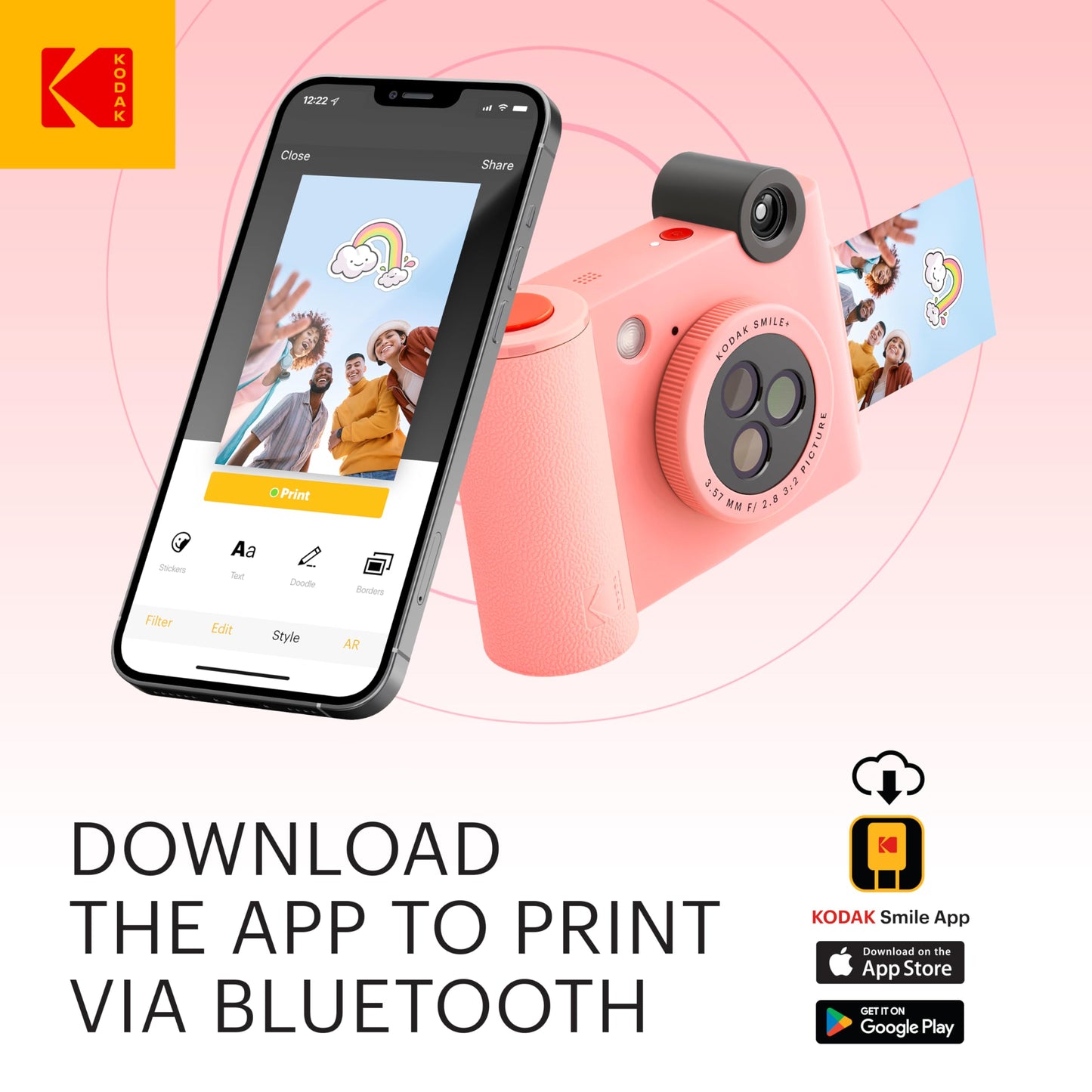 KODAK Smile+ 2-in-1 Digital Instant Print Camera & Wireless Bluetooth Photo Printer - 10MP, Special-Effect Rotating Lens, Zink 2x3” Sticky-Back Photos, Print via Fun App from Smart Devices - Fuchsia