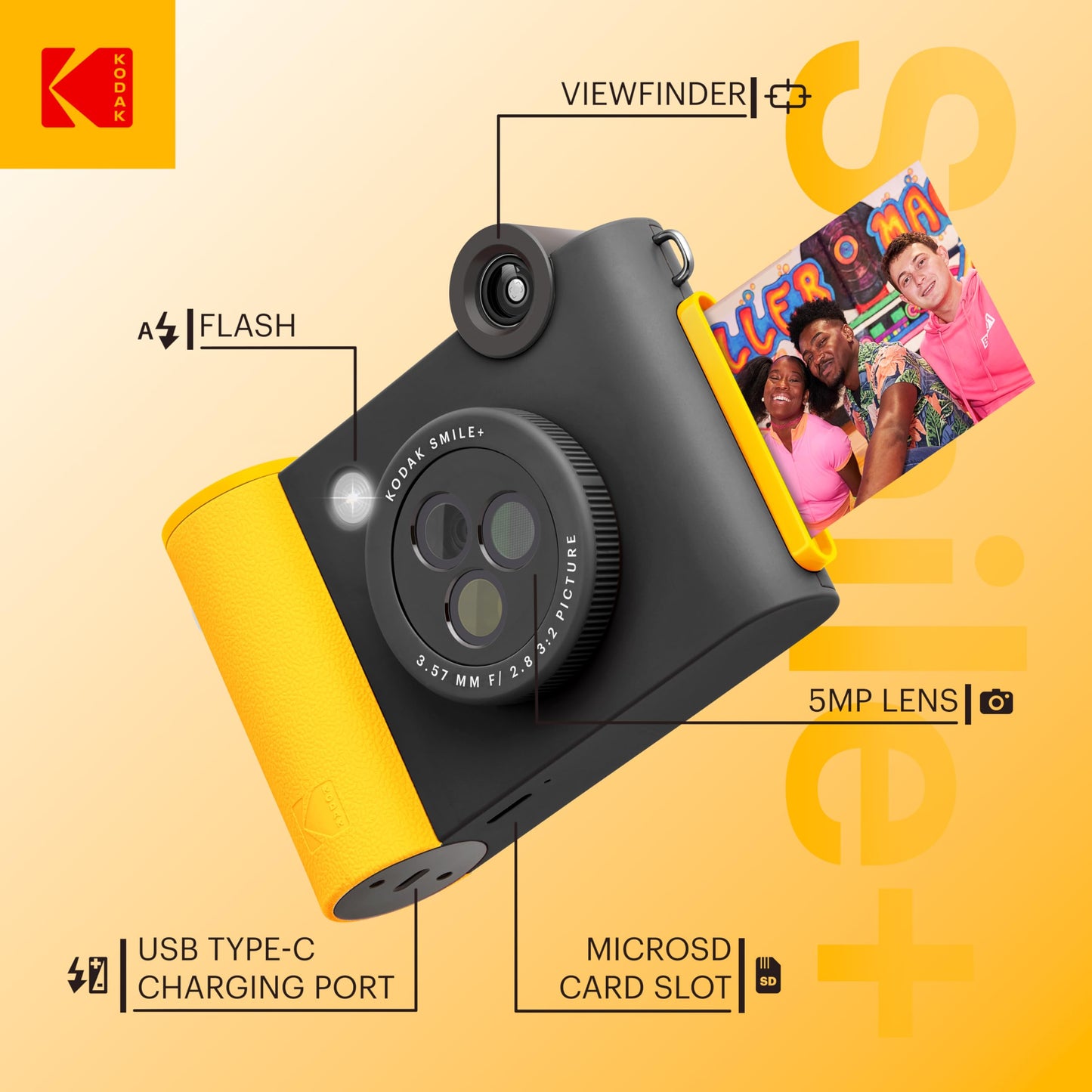 KODAK Smile+ 2-in-1 Digital Instant Print Camera & Wireless Bluetooth Photo Printer - 10MP, Special-Effect Rotating Lens, Zink 2x3” Sticky-Back Photos, Print via Fun App from Smart Devices - Fuchsia