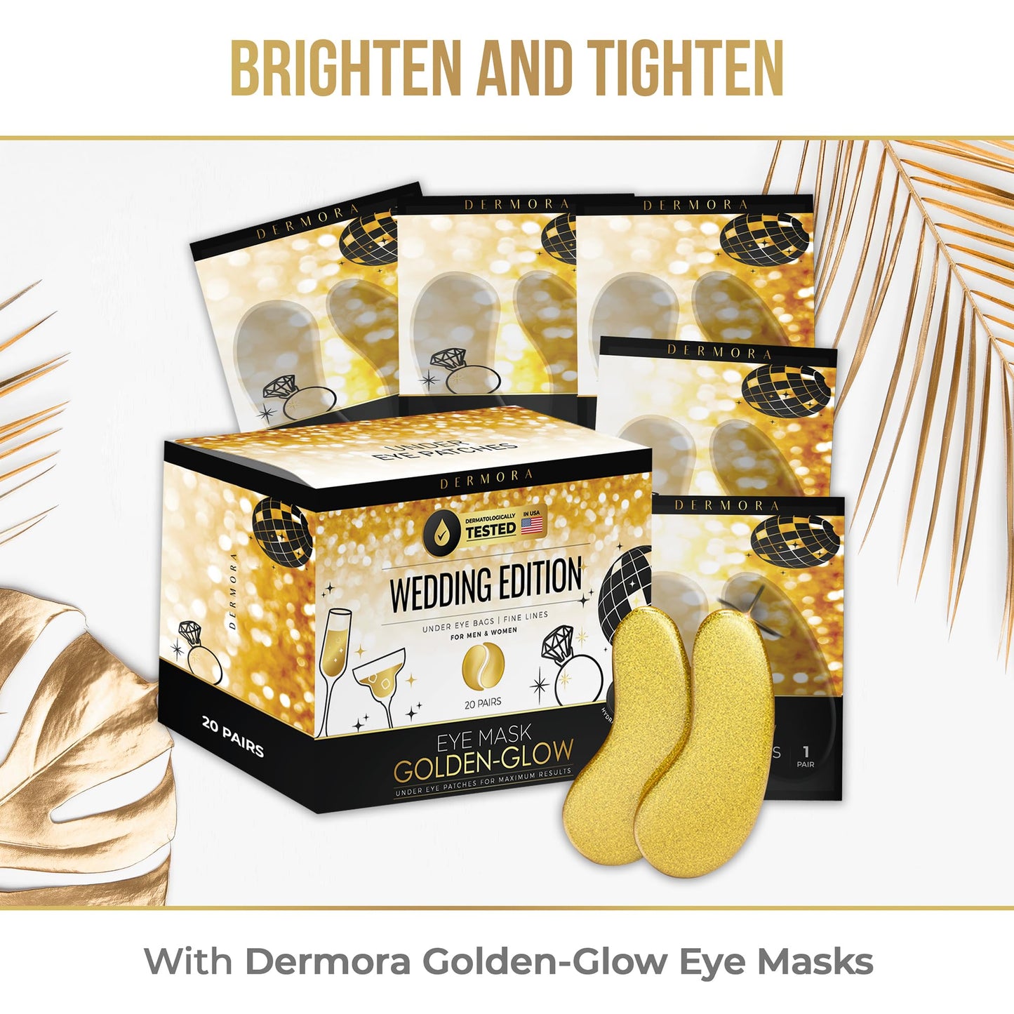 DERMORA Golden Glow Under Eye Patches (20 Pairs Eye Gels) - Rejuvenating Treatment for Dark Circles, Puffy Eyes, Refreshing, Revitalizing, Travel, Wrinkles