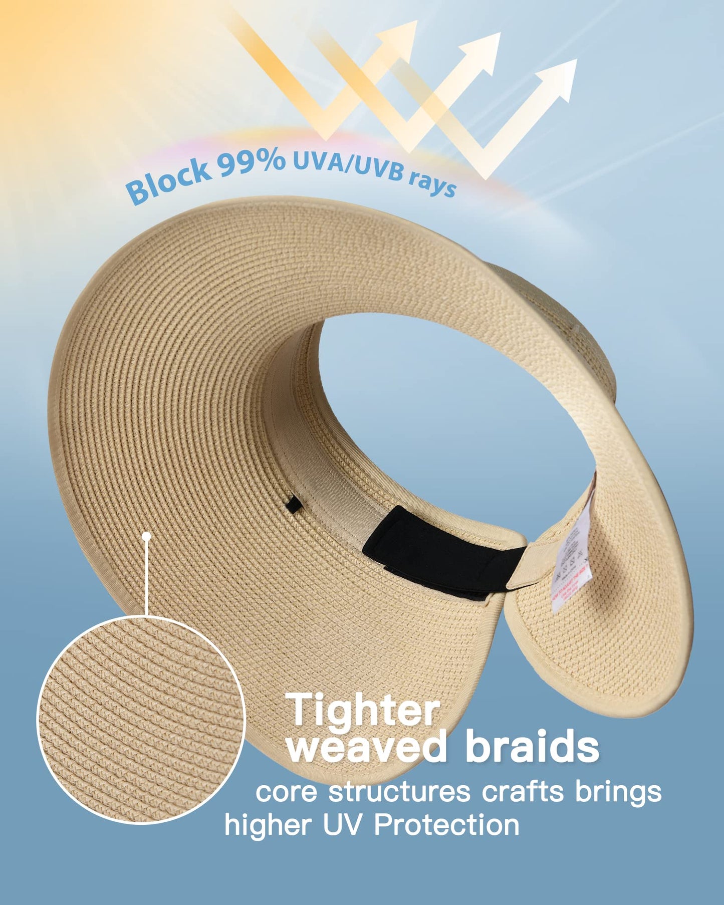 FURTALK Sun Visor Hats for Women Wide Brim Straw Ponytail Summer Beach Hat UV UPF Packable Foldable Travel