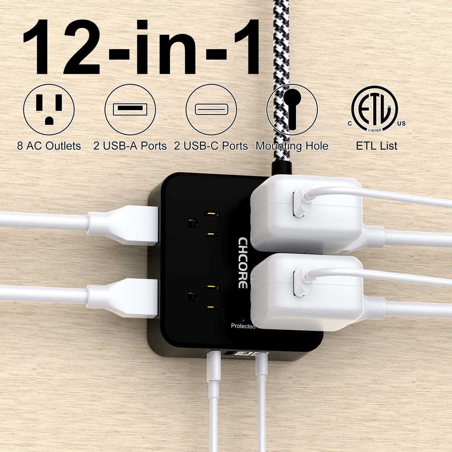 Surge Protector Power Strip - CHCORE 5Ft Braided Extension Cord with 8 Outlets with 4 USB (2 USB C) Charging Ports, Flat Plug Multi Plug Outlet Extender Charging Station for Home Office, ETL, White