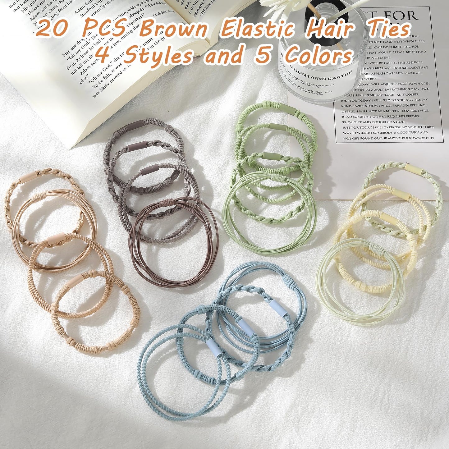 20 PCS Boho Hair Ties, Bracelets Hair Ties for Thick or Thin Hair, 4 Styles Boho Ties for Ponytail Holders, 2.36’’ Hair Ties No-Damage, Brown