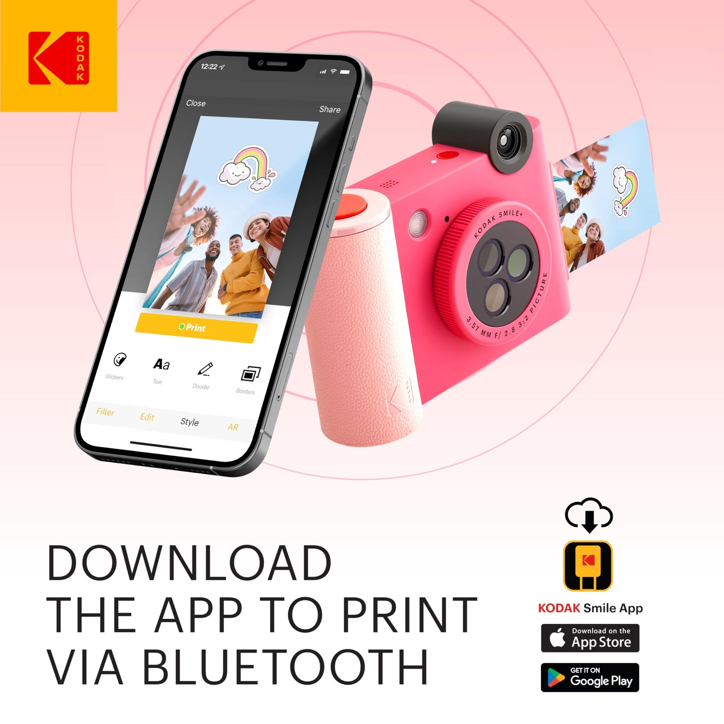 KODAK Smile+ 2-in-1 Digital Instant Print Camera & Wireless Bluetooth Photo Printer - 10MP, Special-Effect Rotating Lens, Zink 2x3” Sticky-Back Photos, Print via Fun App from Smart Devices - Fuchsia