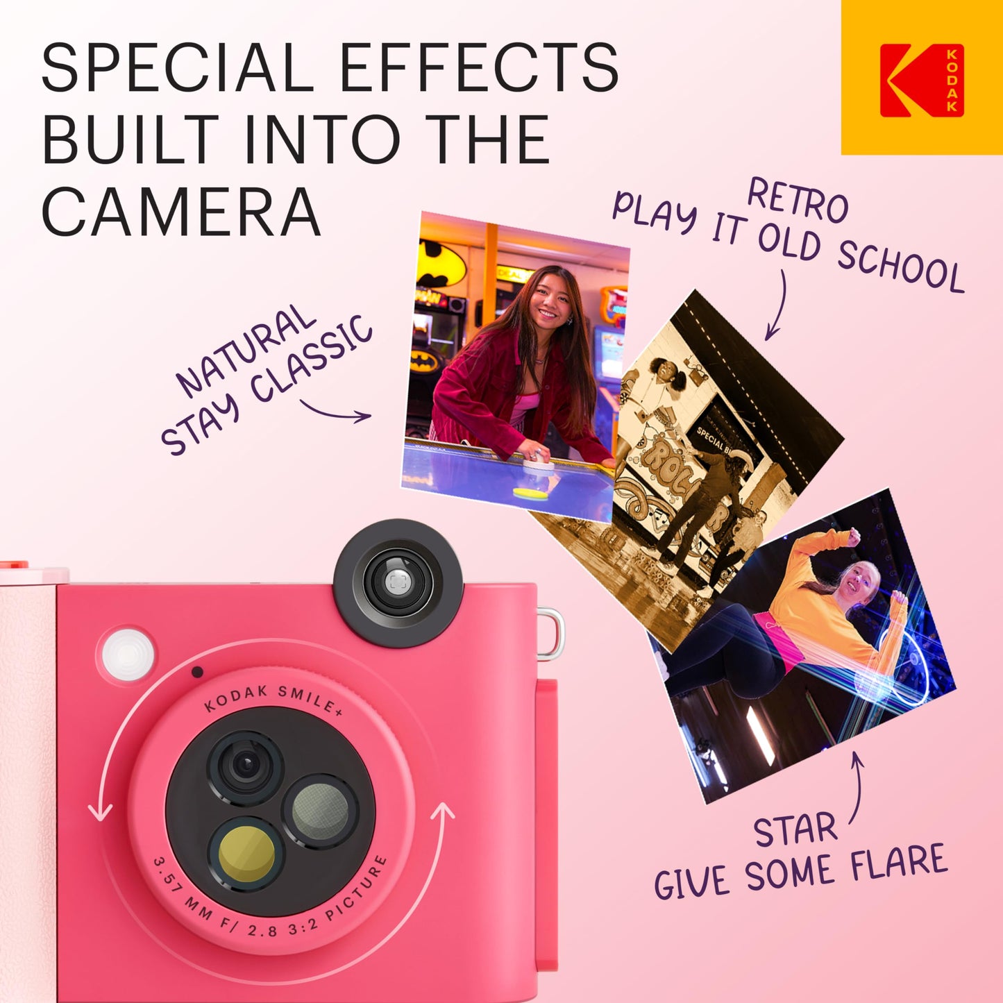 KODAK Smile+ 2-in-1 Digital Instant Print Camera & Wireless Bluetooth Photo Printer - 10MP, Special-Effect Rotating Lens, Zink 2x3” Sticky-Back Photos, Print via Fun App from Smart Devices - Fuchsia