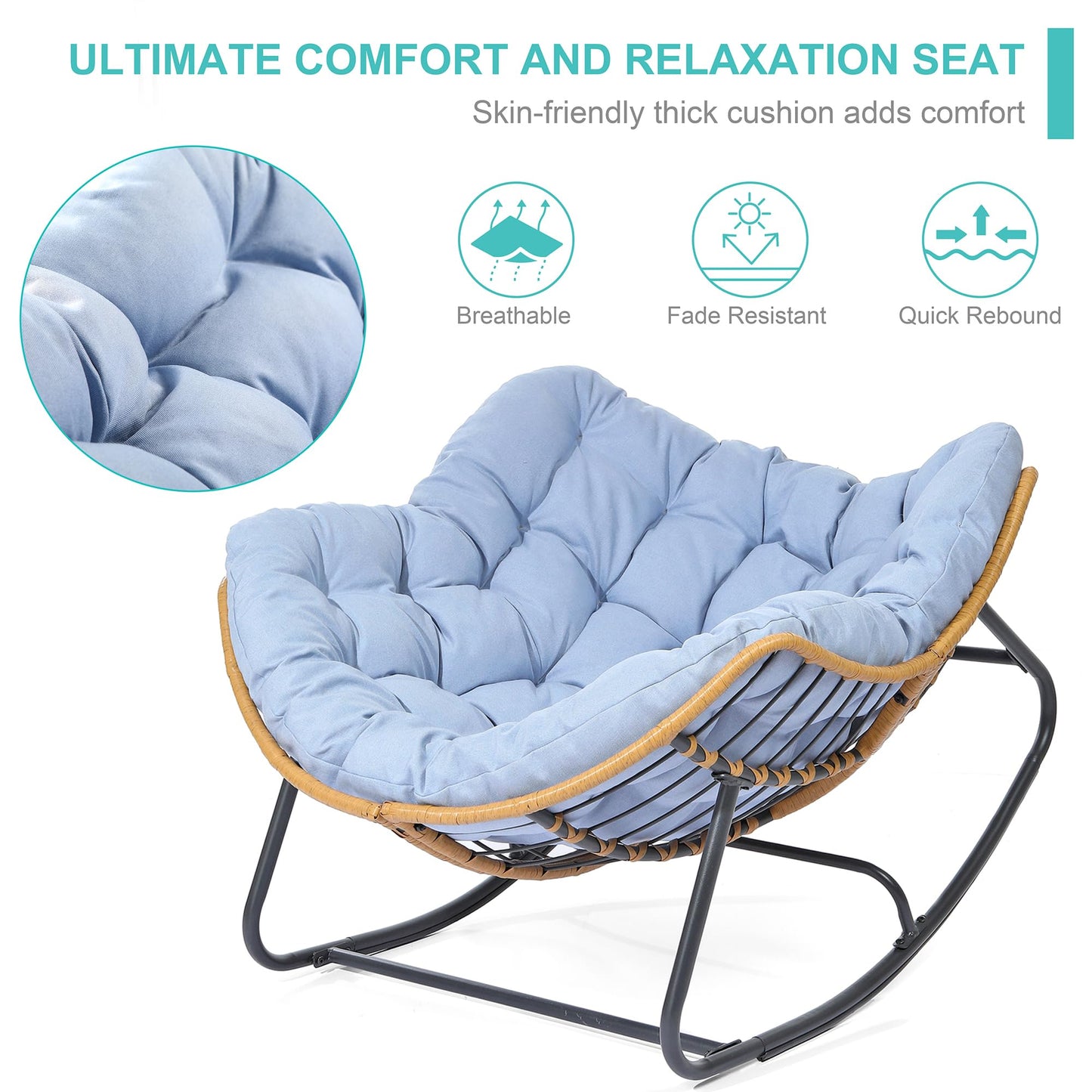 SWITTE Outdoor Rocking Chair, Patio Egg Rocking Chair, Indoor Papasan Chair, Rattan Wicker Lounge Chair, Modern Royal Chair for Bedroom, Living Room, Porch, Garden, Lawn-Beige