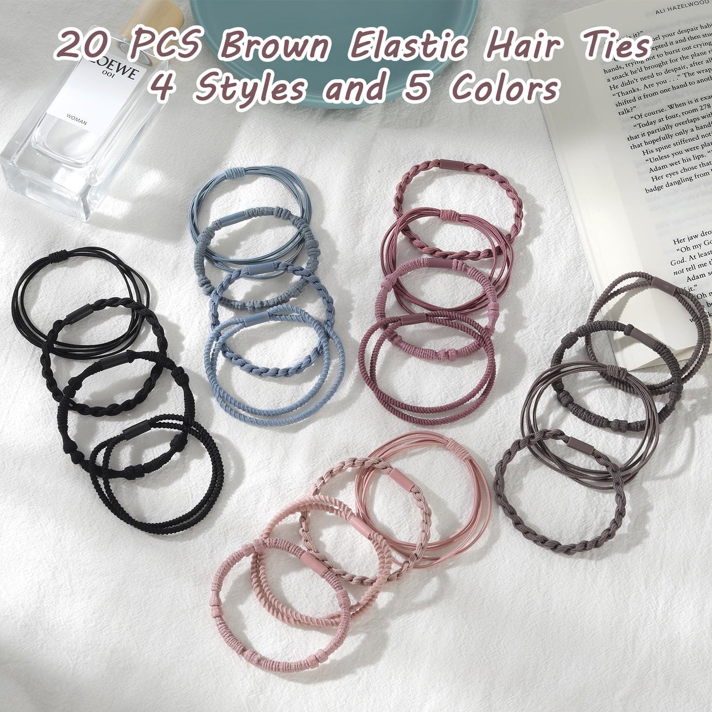 20 PCS Boho Hair Ties, Bracelets Hair Ties for Thick or Thin Hair, 4 Styles Boho Ties for Ponytail Holders, 2.36’’ Hair Ties No-Damage, Brown