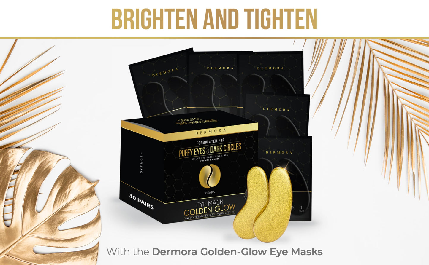 DERMORA Golden Glow Under Eye Patches (20 Pairs Eye Gels) - Rejuvenating Treatment for Dark Circles, Puffy Eyes, Refreshing, Revitalizing, Travel, Wrinkles