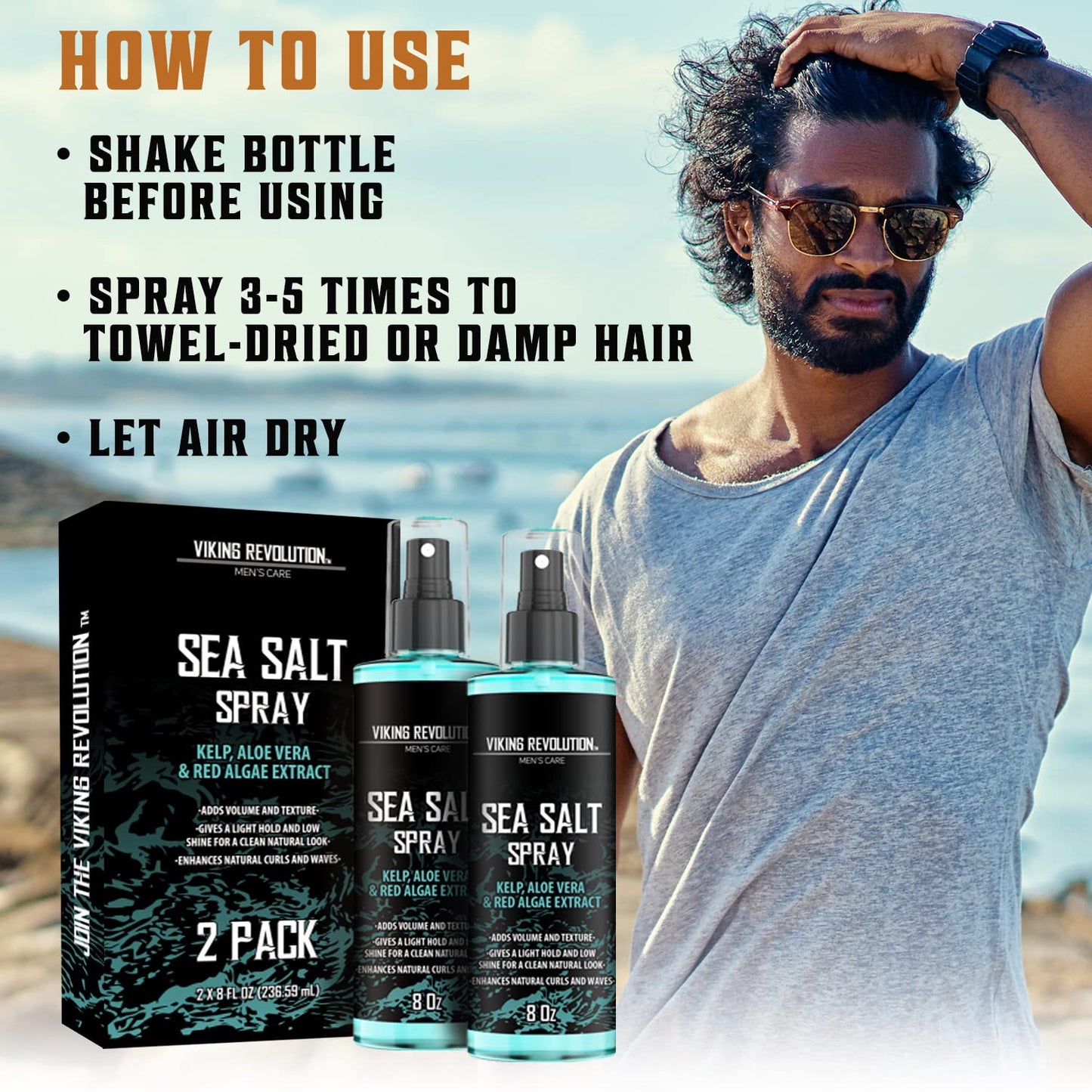 Viking Revolution Sea Salt Spray for Hair Men - Hair Texturizing Spray with Kelp, Aloe Vera and Red Algae Extract - Surf Spray to Add Volume and Texture Sea Salt Spray for Men Beach Hair Spray - 8.8oz