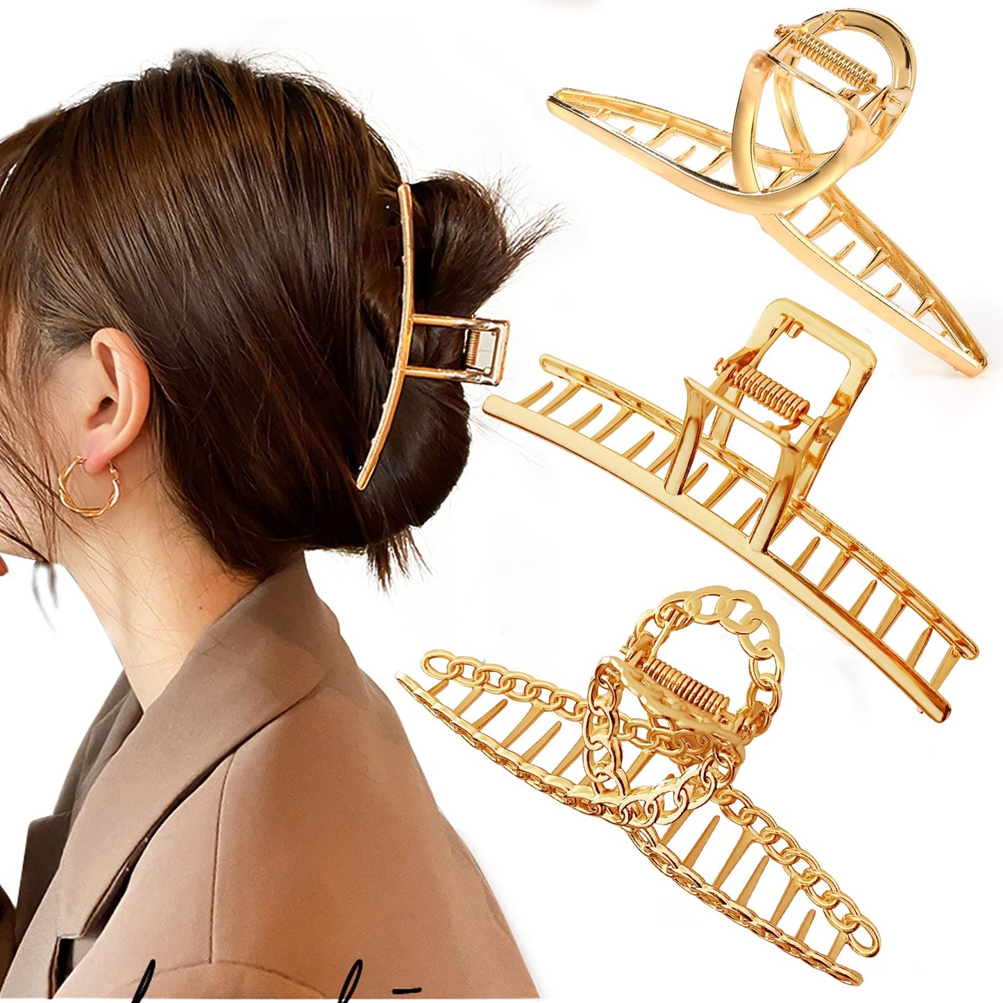 Mehayi 3 PCS Metal Large Claw Clips for Thick Heavy Hair, Strong Hold Big Non-Slip Hair Catch Barrette Jaw Clamp for Long Hair, Fashion Styling Accessories for Women Girls