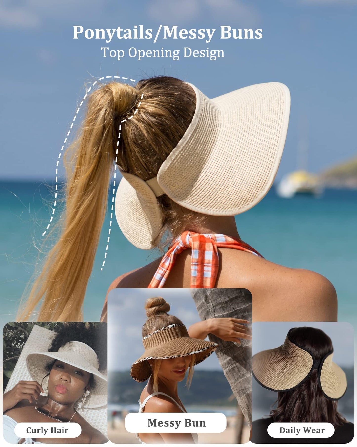 FURTALK Sun Visor Hats for Women Wide Brim Straw Ponytail Summer Beach Hat UV UPF Packable Foldable Travel